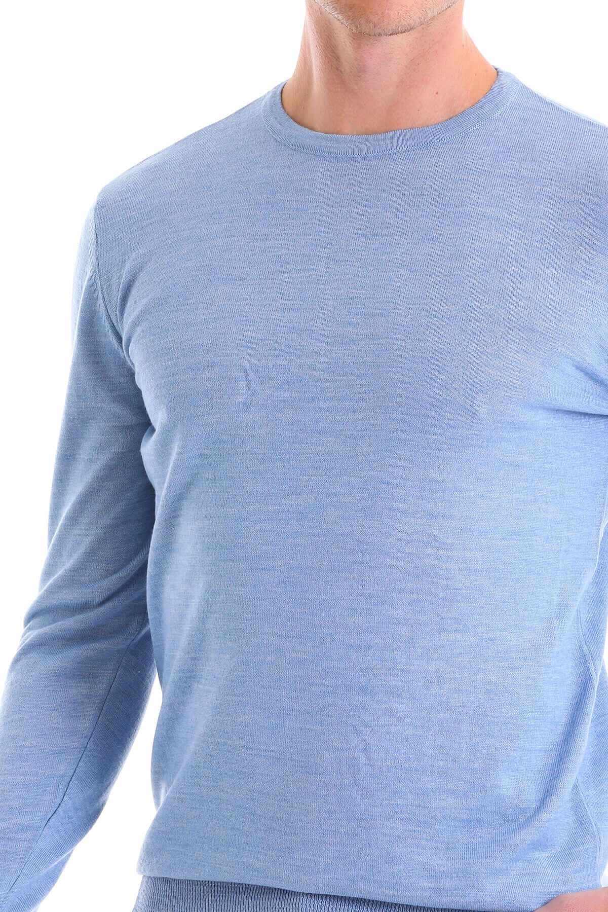 Comfort Fit Wool Blend Blue Crewneck Sweater - SAYKI