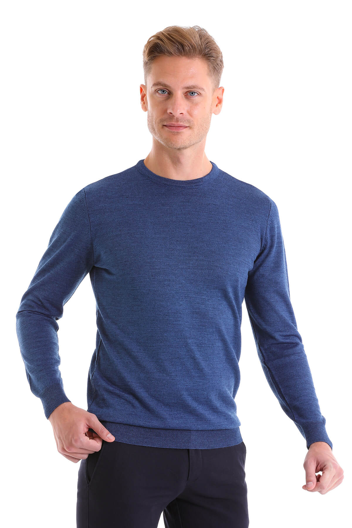 A navy blue crewneck sweater with a subtle heathered texture and ribbed cuffs.