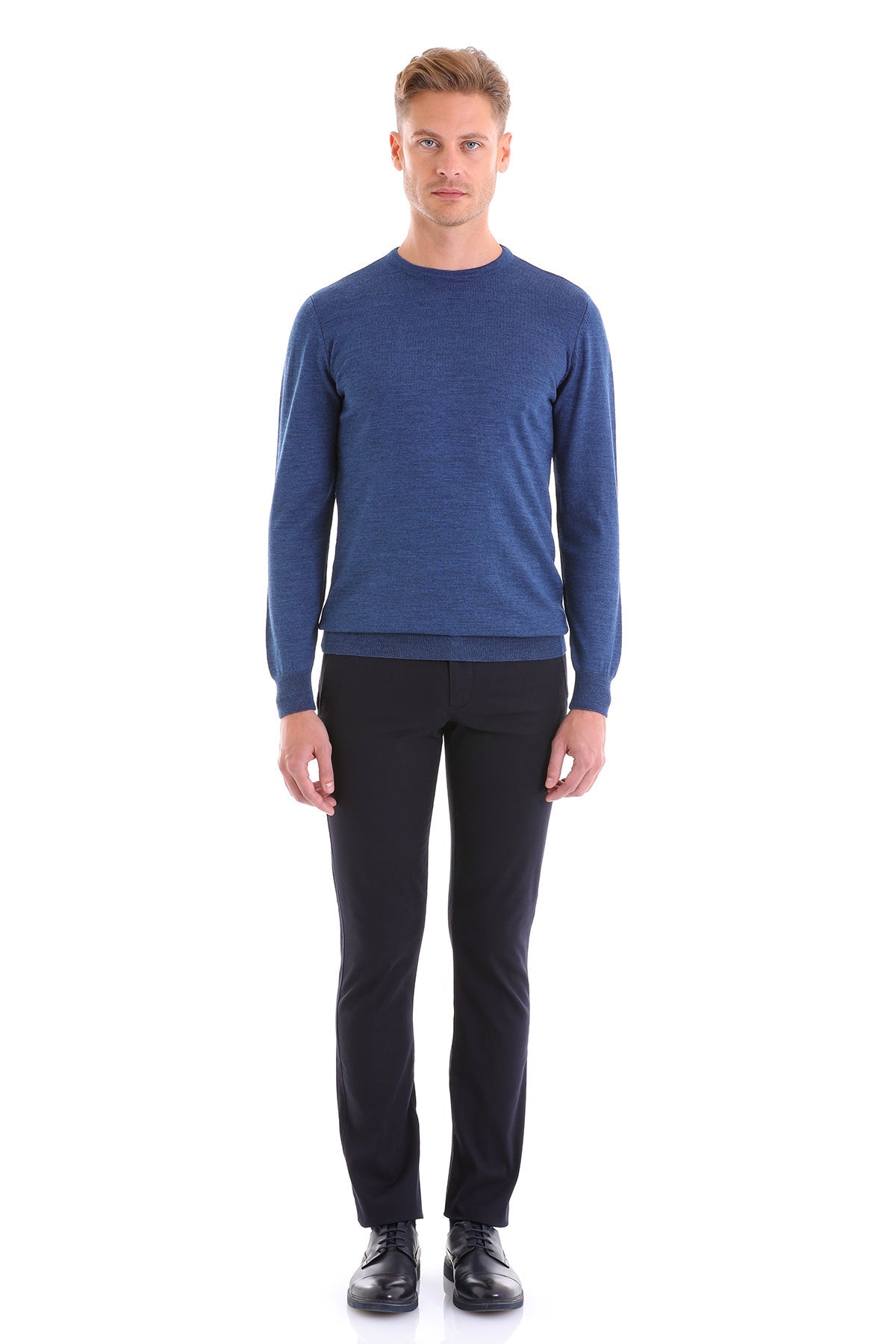 A men’s navy blue crewneck sweater with a subtle textured knit.