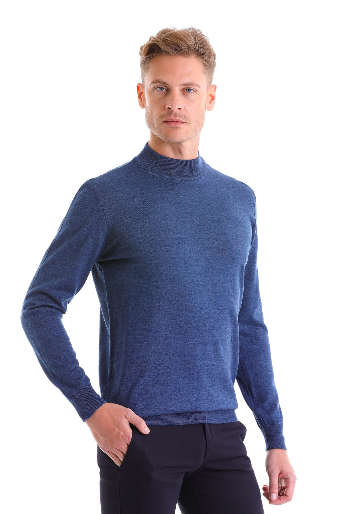 A men’s navy blue turtleneck sweater with a fine knit texture and ribbed cuffs.