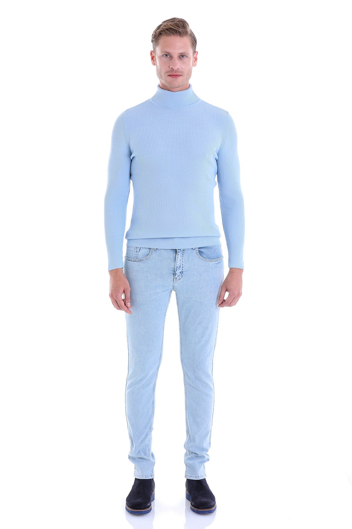 Comfort Fit Wool Blend Blue Turtleneck Sweater - SAYKI