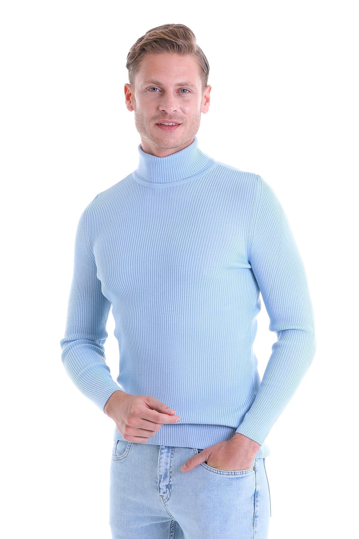 Comfort Fit Wool Blend Blue Turtleneck Sweater - SAYKI