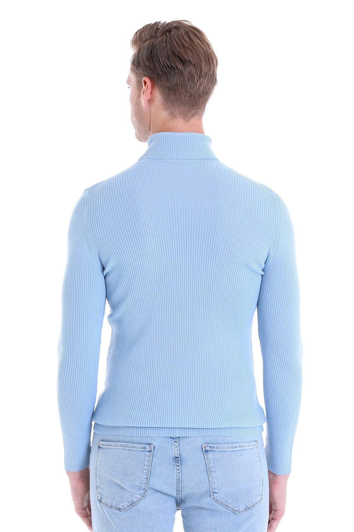 Comfort Fit Wool Blend Blue Turtleneck Sweater - SAYKI
