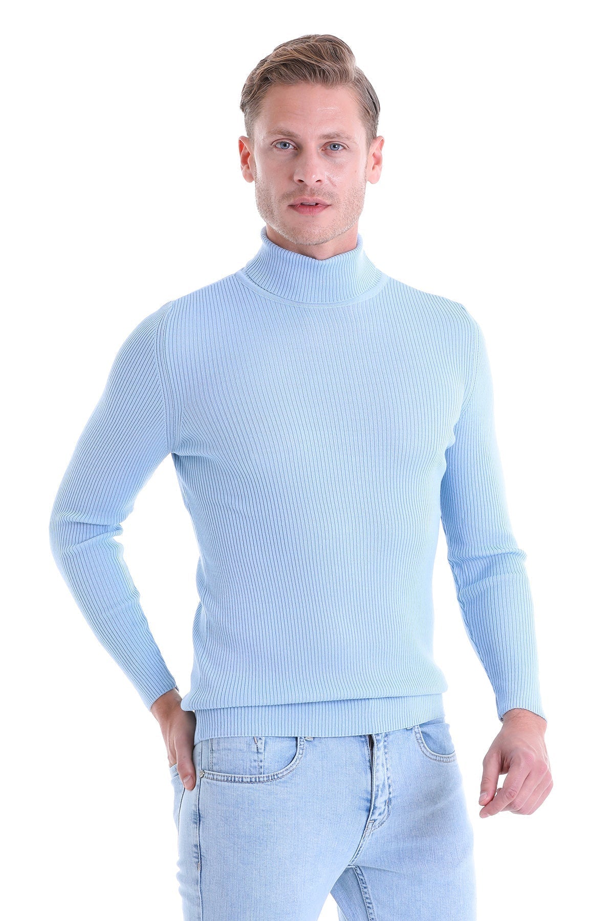 Comfort Fit Wool Blend Blue Turtleneck Sweater - SAYKI
