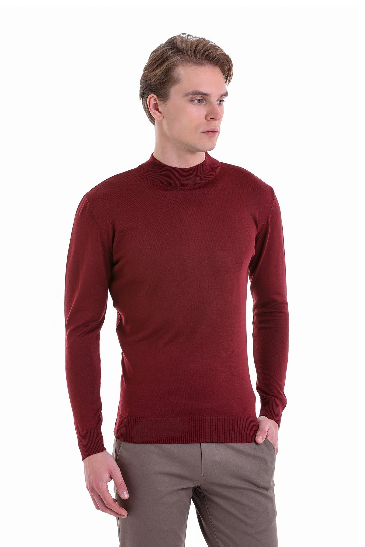 Comfort Fit Wool Blend Brick Mock Neck Sweater - SAYKI
