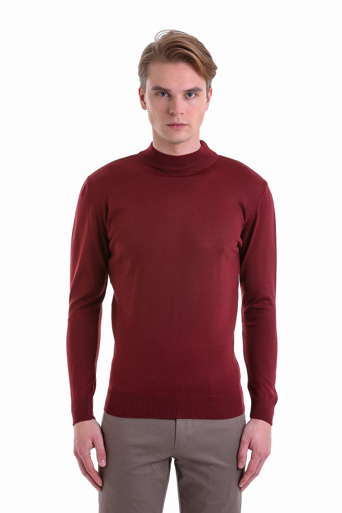 Comfort Fit Wool Blend Brick Mock Neck Sweater - SAYKI
