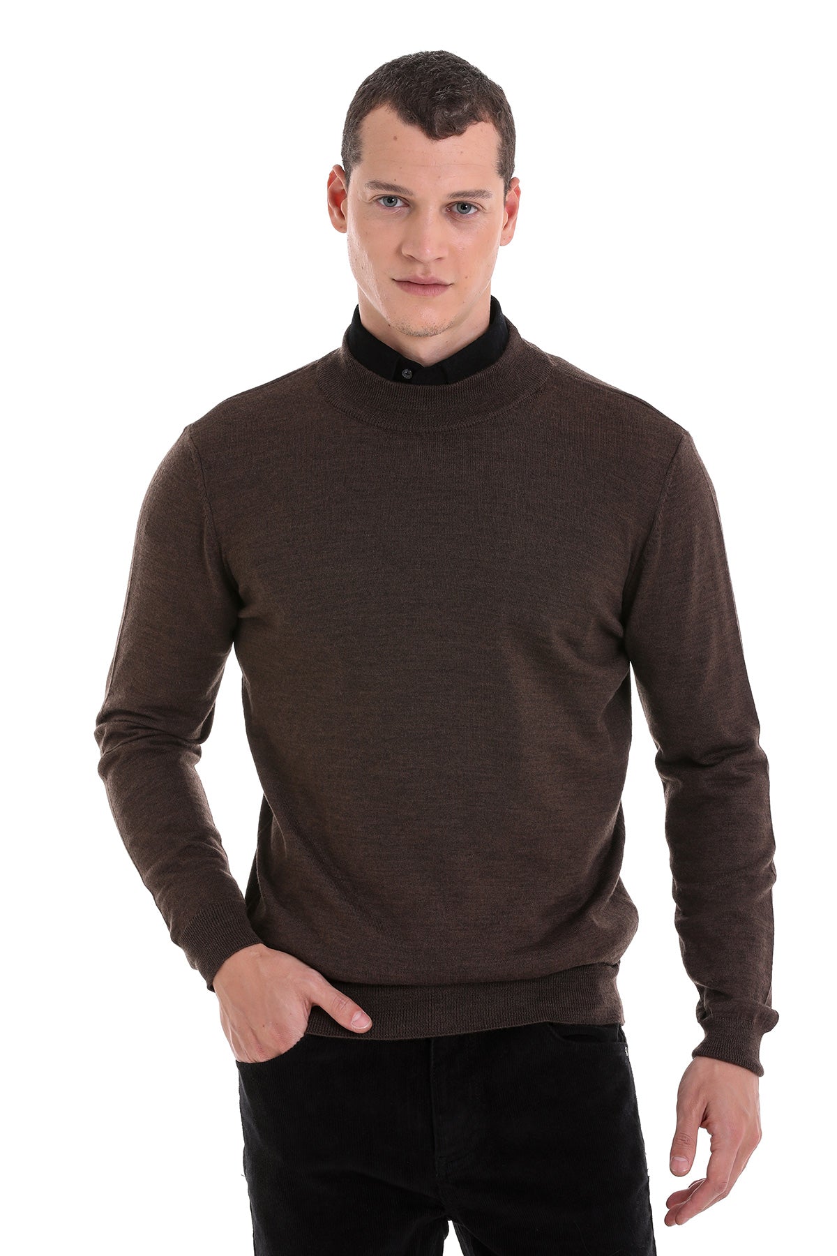 Brown ribbed knit turtleneck sweater with a contrasting black inner collar.