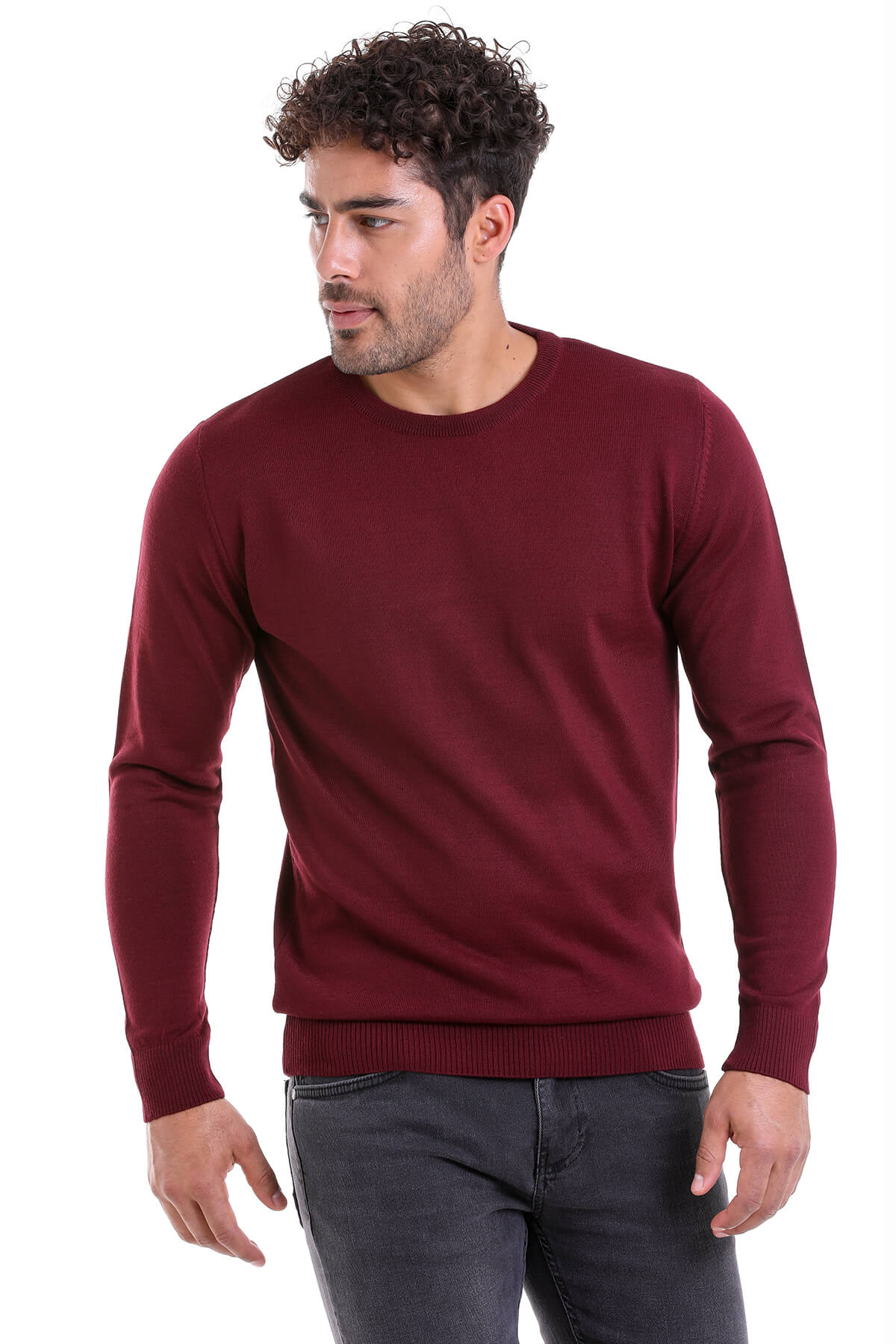 Comfort Fit Wool Blend Burgundy Crewneck Sweater - SAYKI