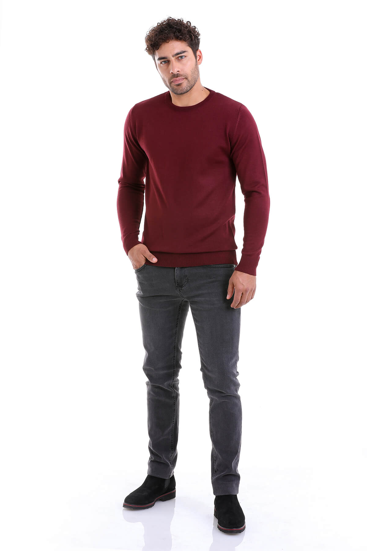 Comfort Fit Wool Blend Burgundy Crewneck Sweater - SAYKI