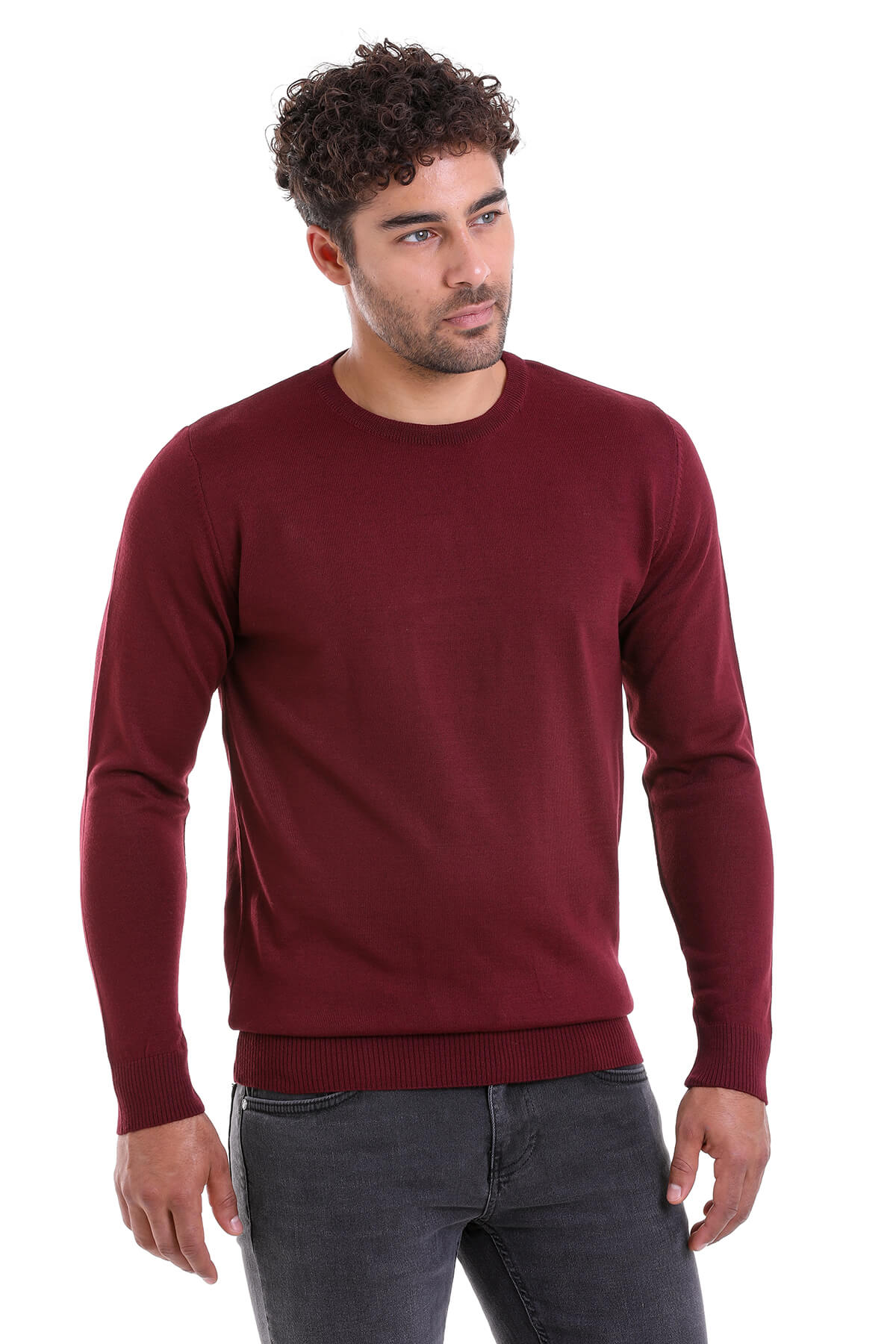Comfort Fit Wool Blend Burgundy Crewneck Sweater - SAYKI