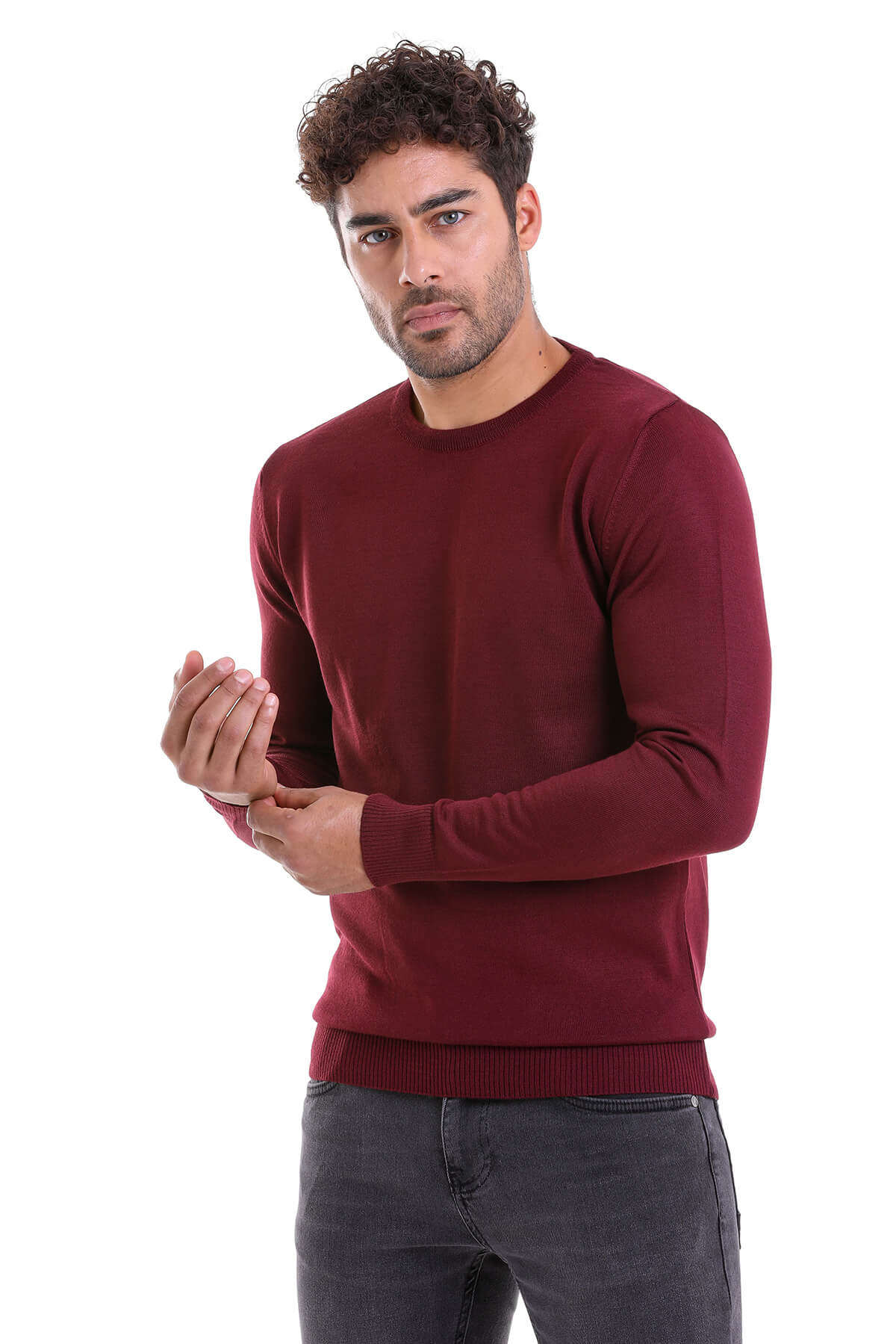 Comfort Fit Wool Blend Burgundy Crewneck Sweater - SAYKI