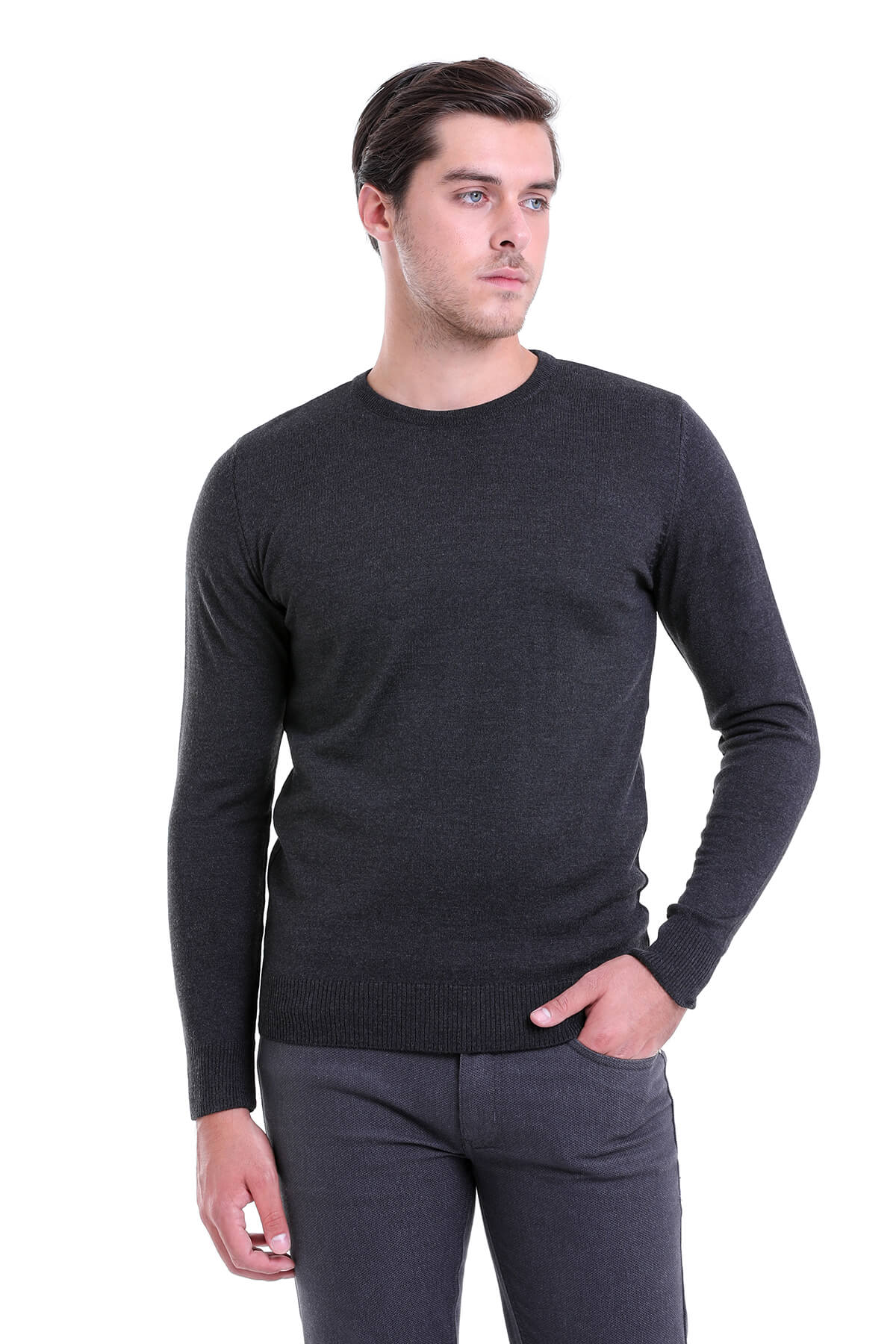 Comfort Fit Wool Blend Charcoal Crewneck Sweater - SAYKI