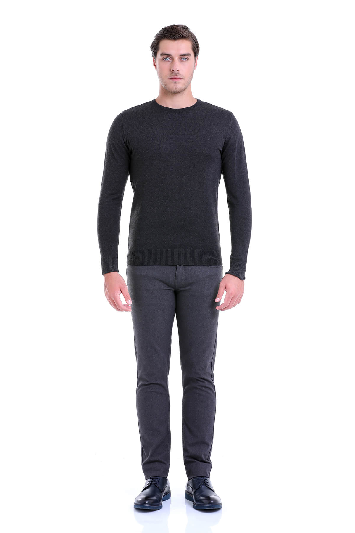 Comfort Fit Wool Blend Charcoal Crewneck Sweater - SAYKI