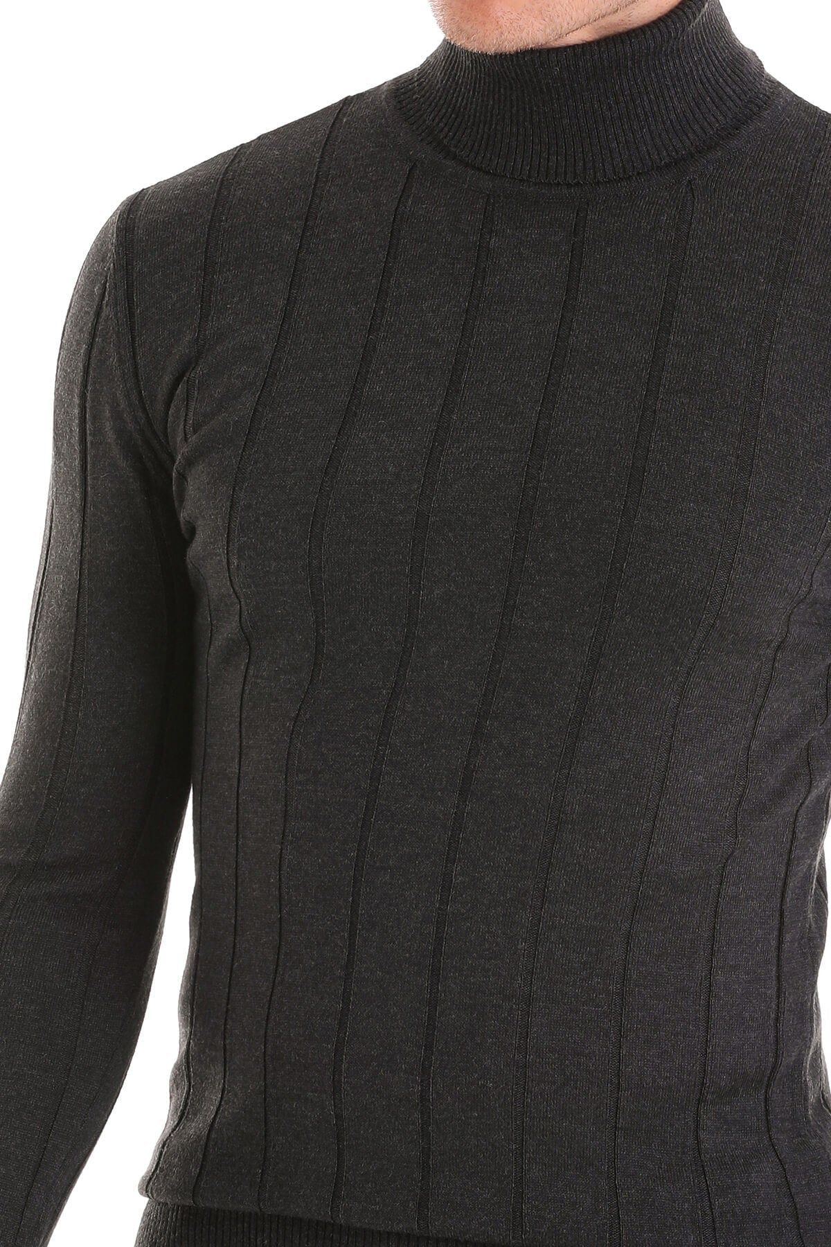 Dark gray ribbed knit turtleneck sweater with vertical cable detailing.