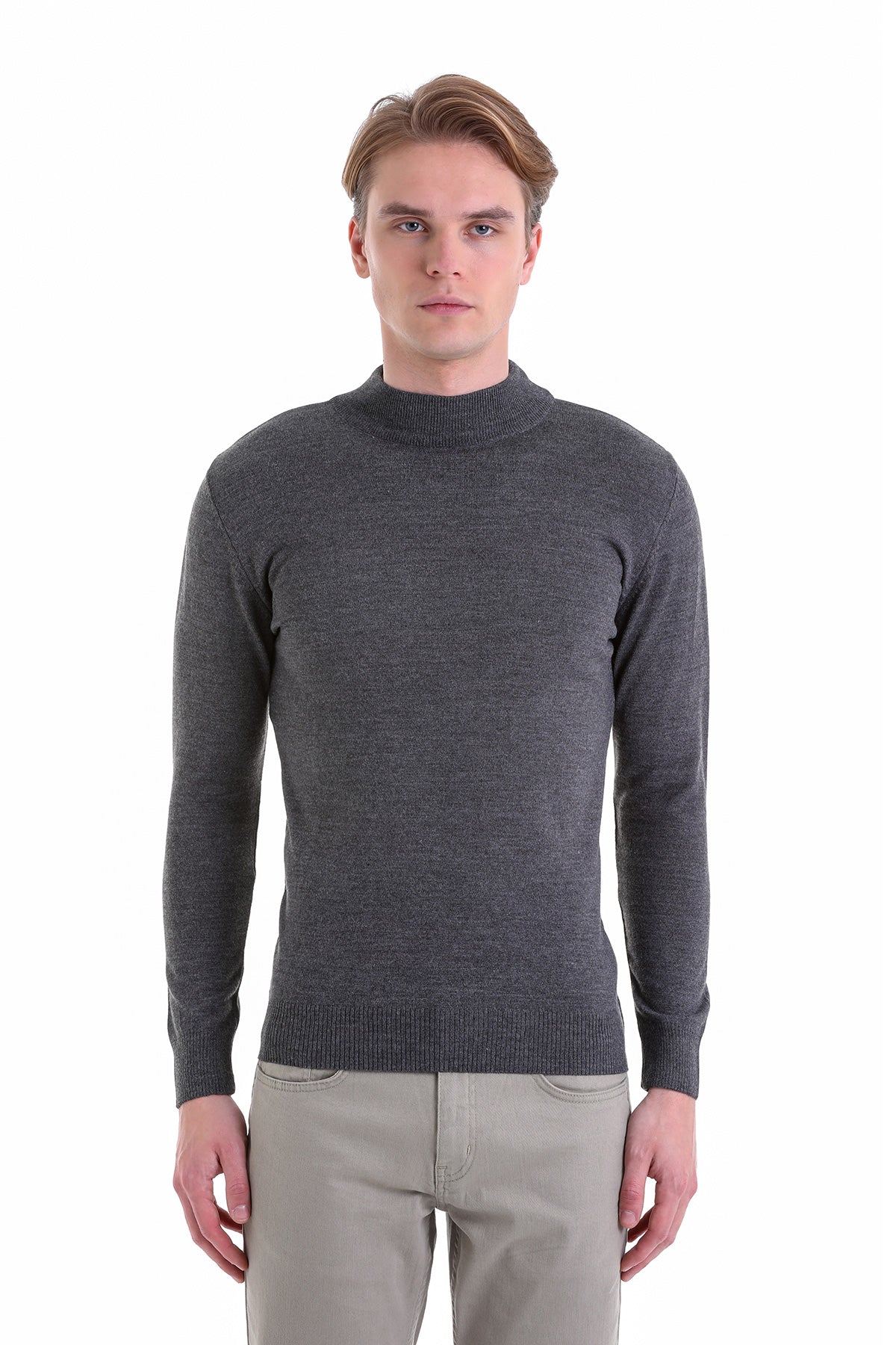 Comfort Fit Wool Blend Dark Gray Mock Neck Sweater - SAYKI