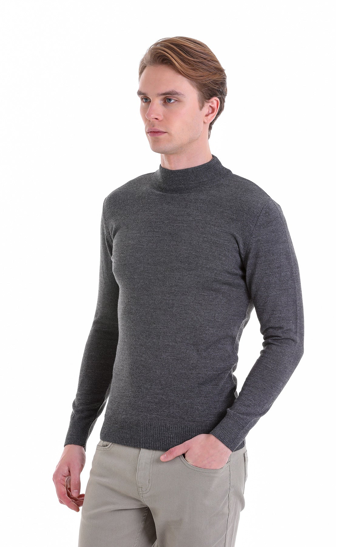 Comfort Fit Wool Blend Dark Gray Mock Neck Sweater - SAYKI