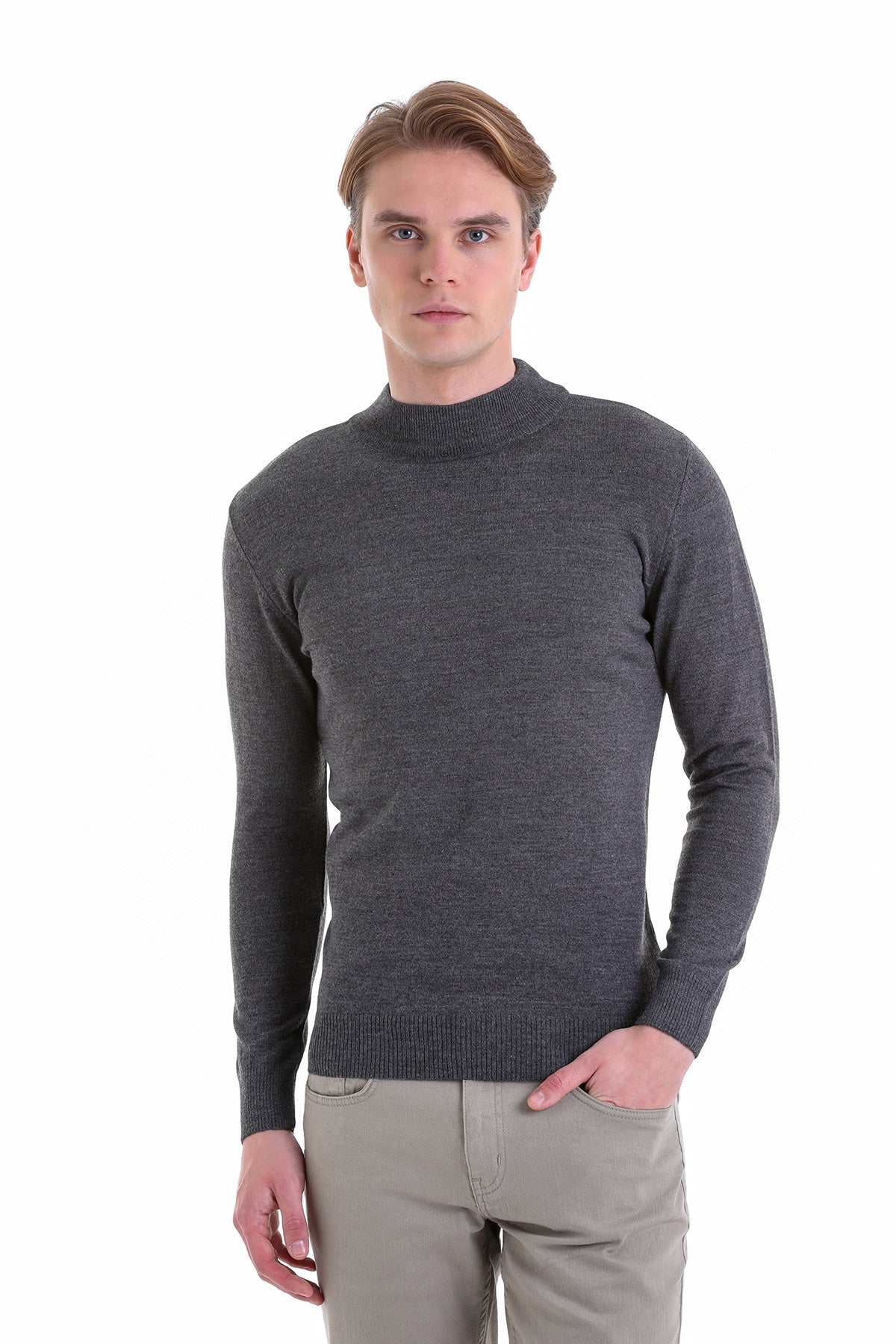 Comfort Fit Wool Blend Dark Gray Mock Neck Sweater - SAYKI