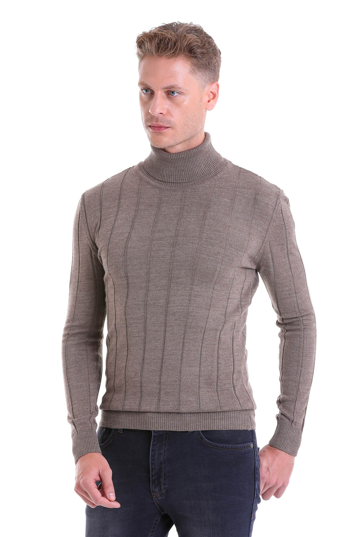 Comfort Fit Wool Blend Dark Mink Turtleneck Sweater - SAYKI