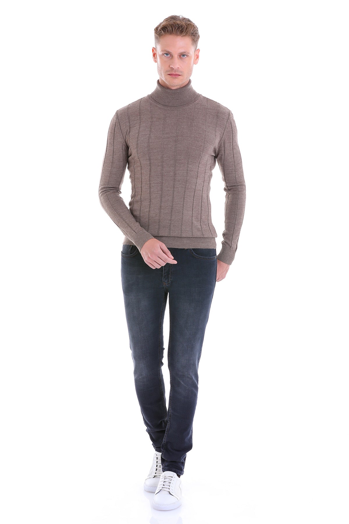 Comfort Fit Wool Blend Dark Mink Turtleneck Sweater - SAYKI