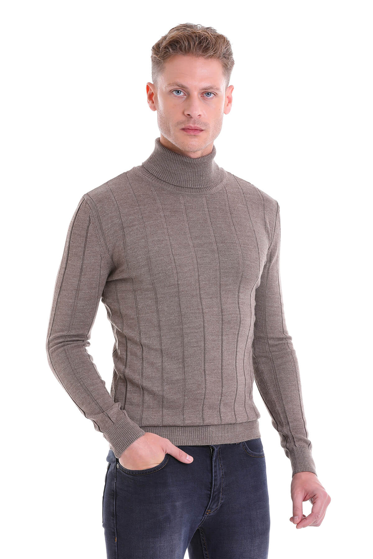 Comfort Fit Wool Blend Dark Mink Turtleneck Sweater - SAYKI