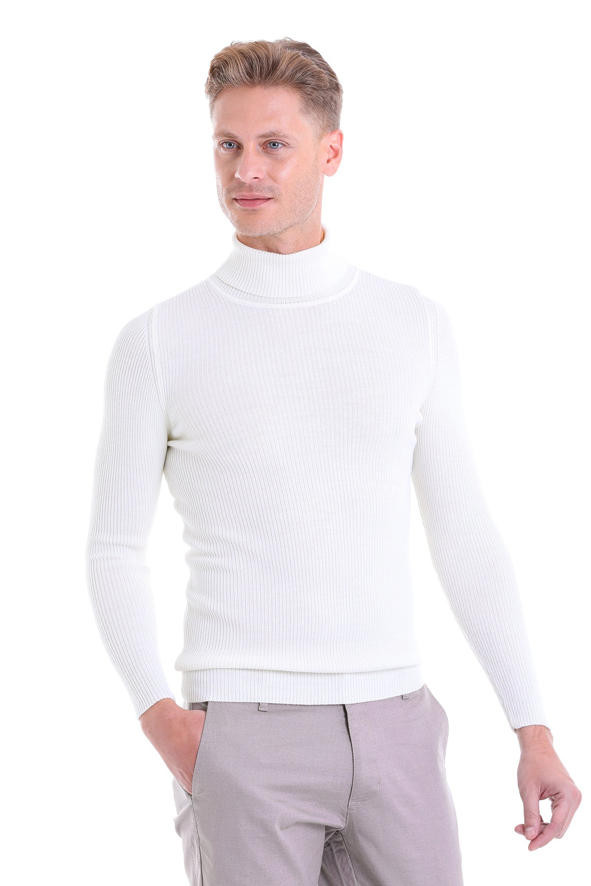 Comfort Fit Wool Blend Ecru Turtleneck Sweater - SAYKI