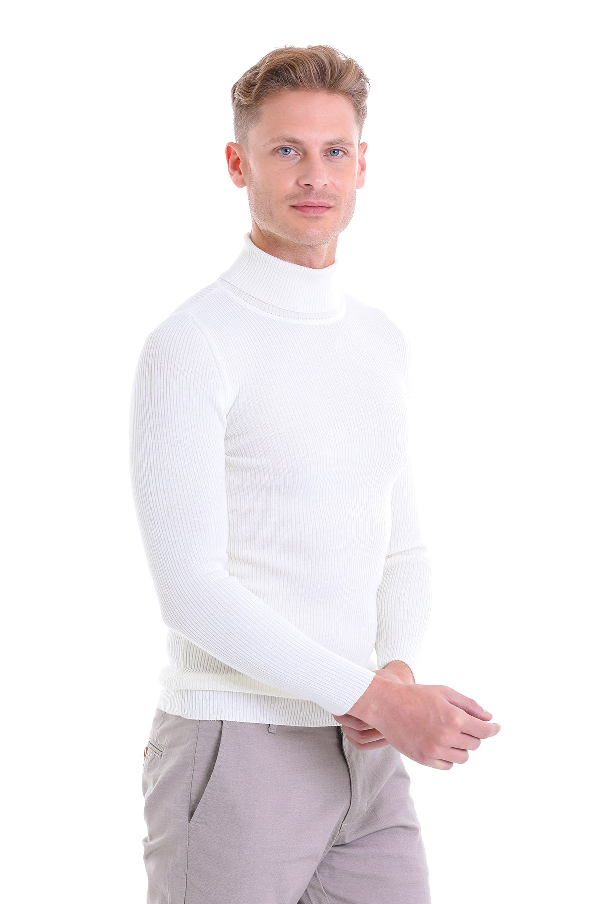 Comfort Fit Wool Blend Ecru Turtleneck Sweater - SAYKI