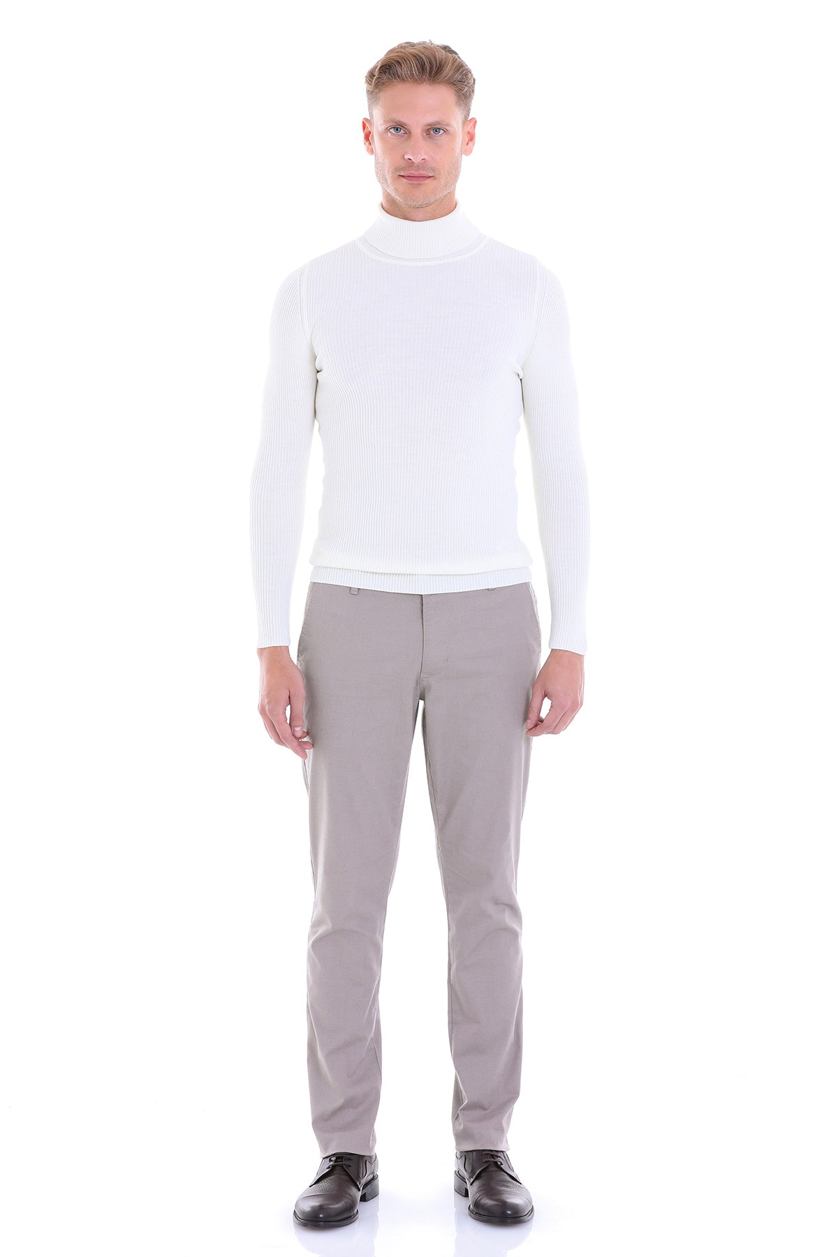 Comfort Fit Wool Blend Ecru Turtleneck Sweater - SAYKI