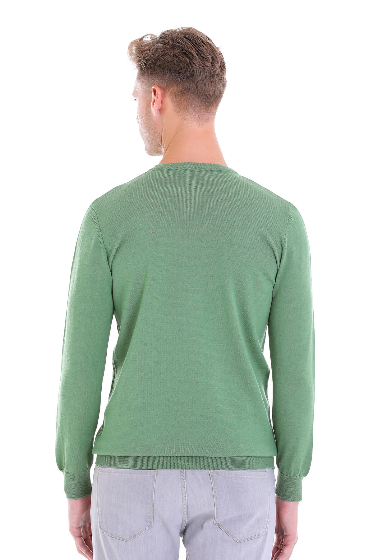 Comfort Fit Wool Blend Green Crewneck Sweater - SAYKI