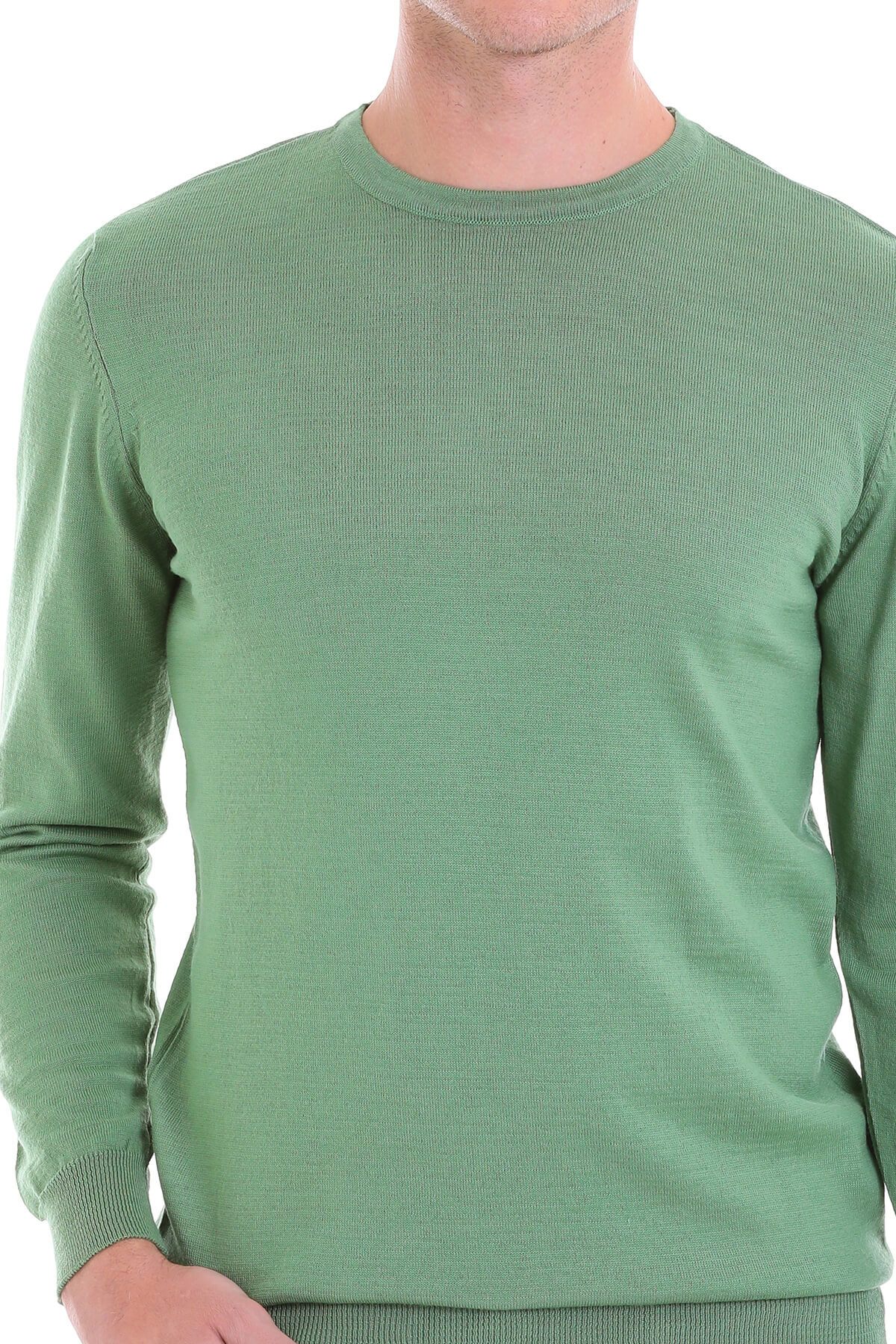 Comfort Fit Wool Blend Green Crewneck Sweater - SAYKI
