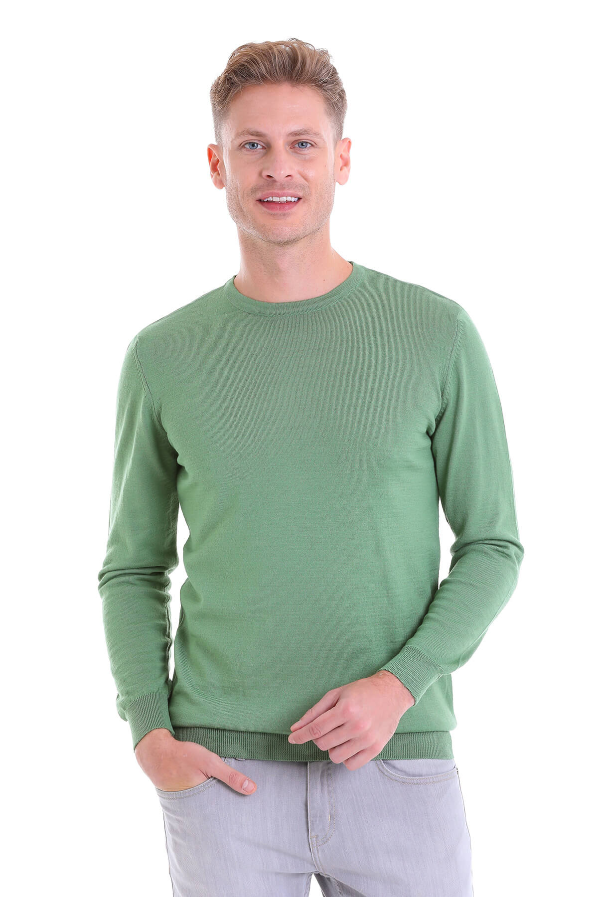 Comfort Fit Wool Blend Green Crewneck Sweater - SAYKI