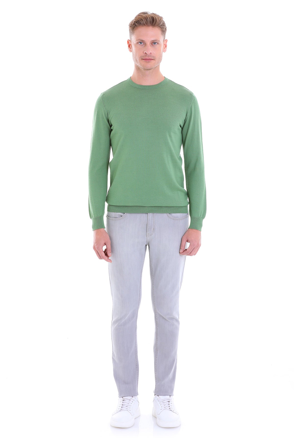Comfort Fit Wool Blend Green Crewneck Sweater - SAYKI