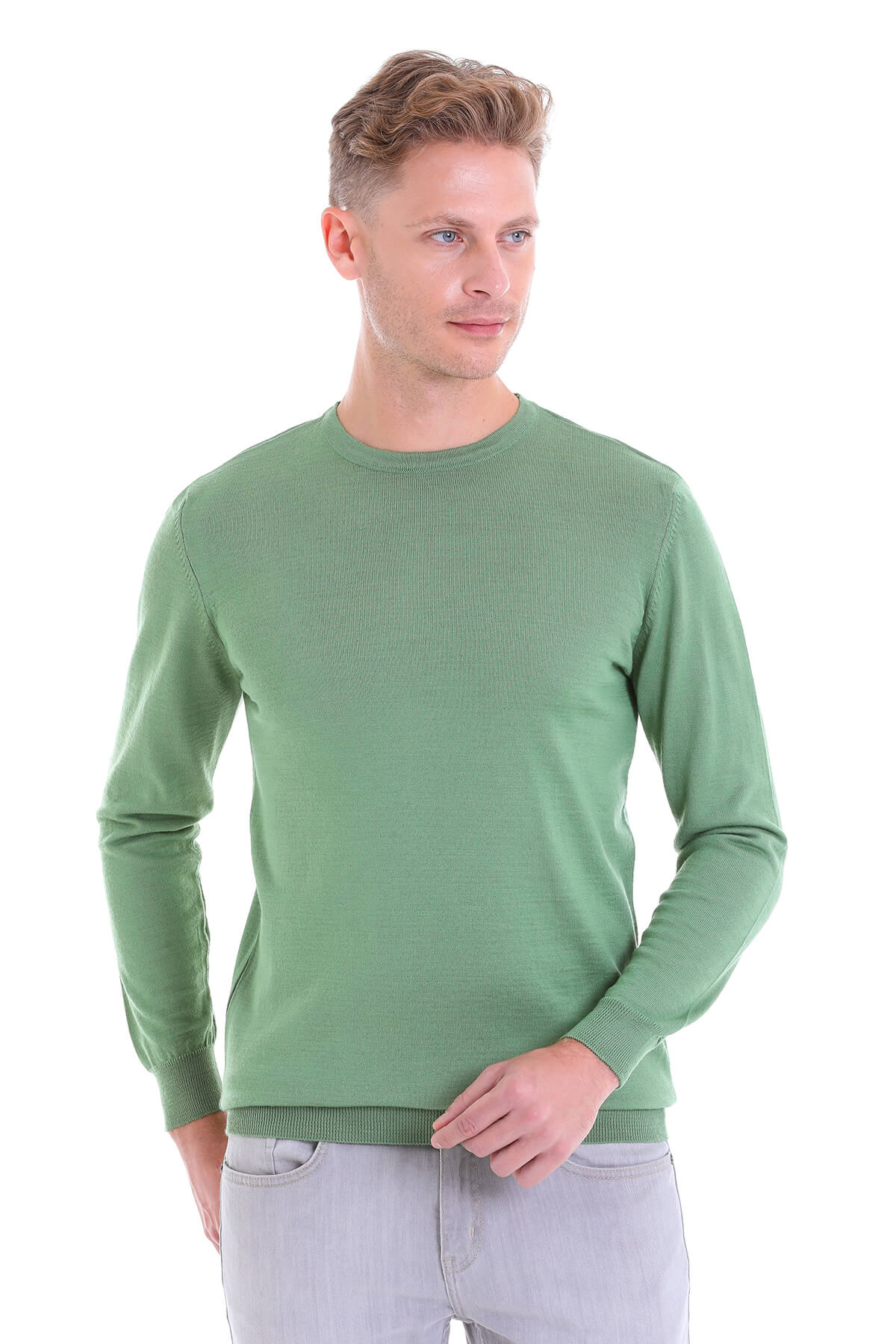 Comfort Fit Wool Blend Green Crewneck Sweater - SAYKI