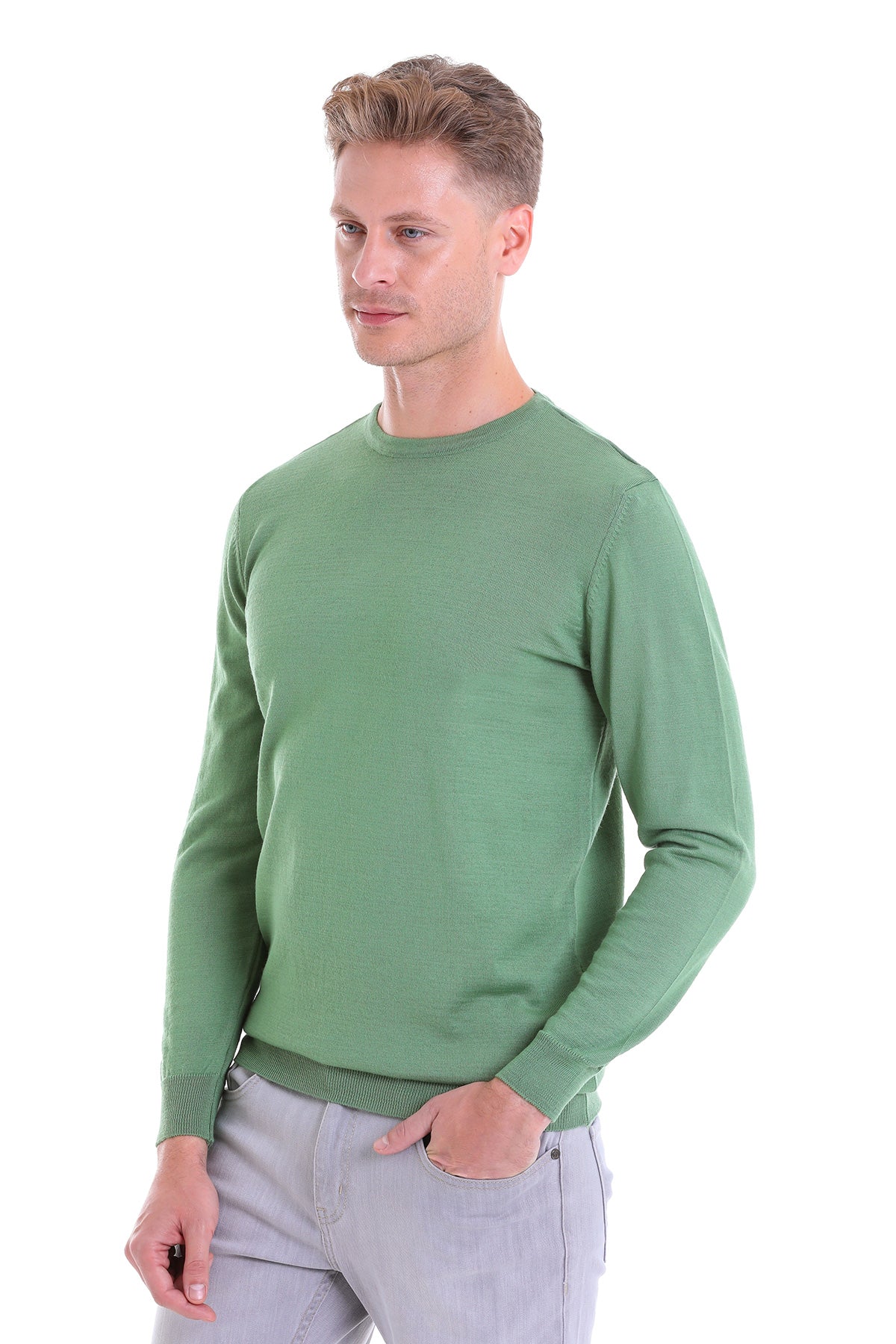 Comfort Fit Wool Blend Green Crewneck Sweater - SAYKI