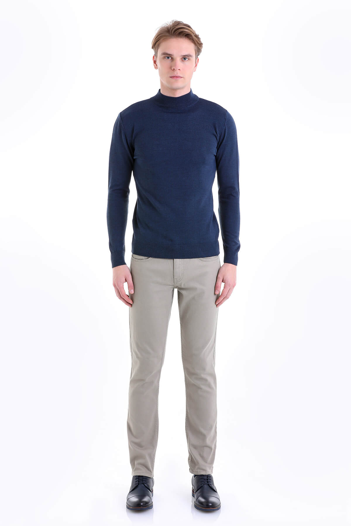 Comfort Fit Wool Blend Indigo Mock Neck Sweater - SAYKI