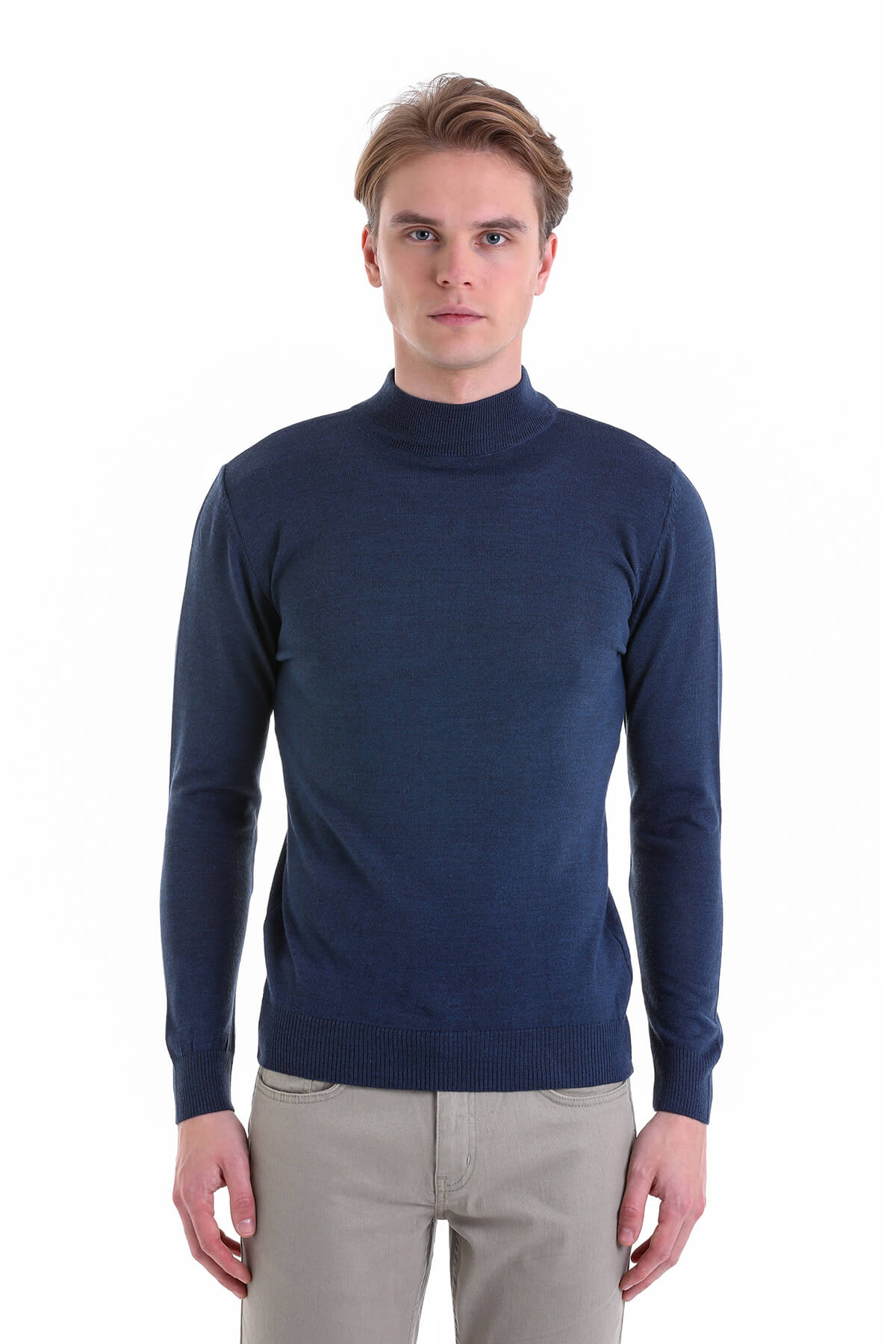 Comfort Fit Wool Blend Indigo Mock Neck Sweater - SAYKI