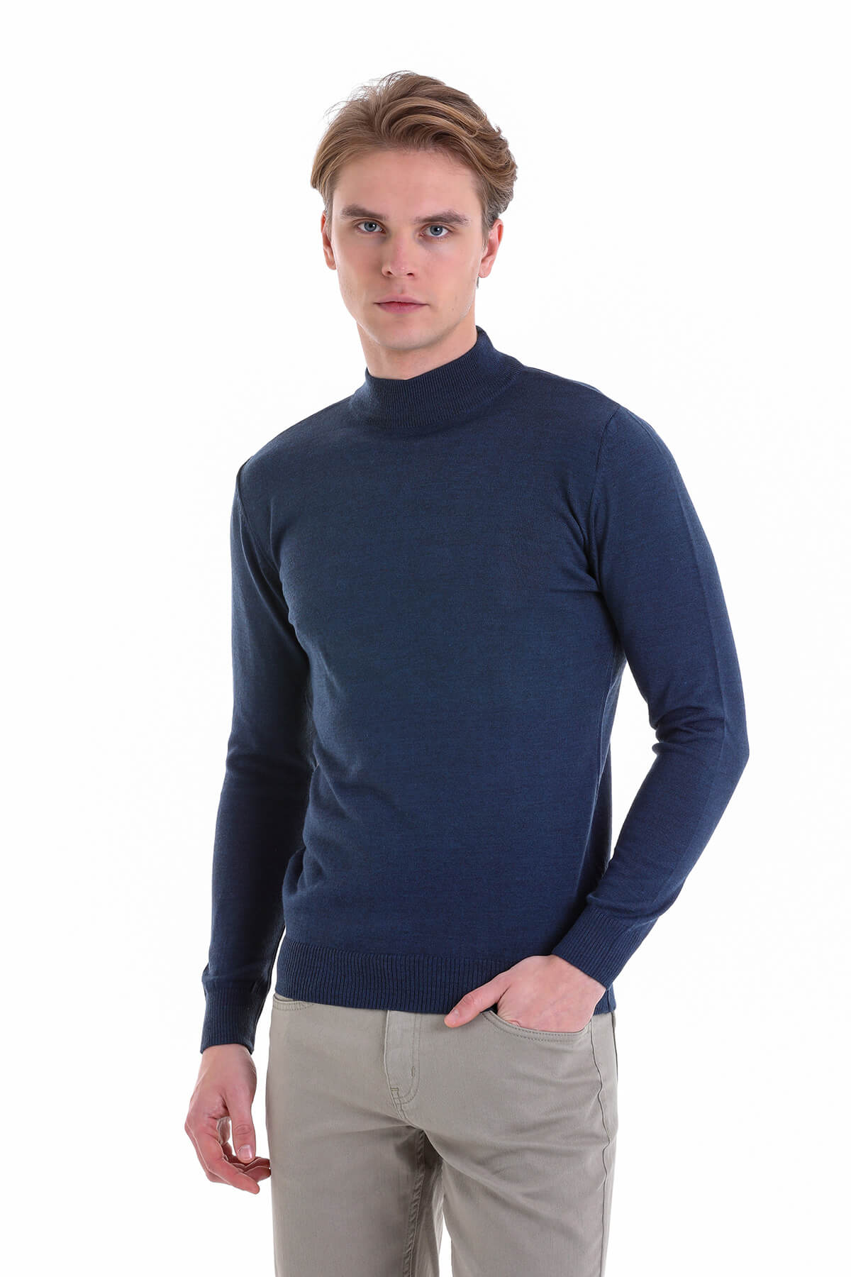 Comfort Fit Wool Blend Indigo Mock Neck Sweater - SAYKI