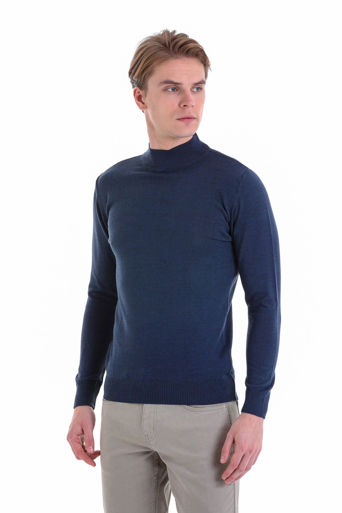 Comfort Fit Wool Blend Indigo Mock Neck Sweater - SAYKI