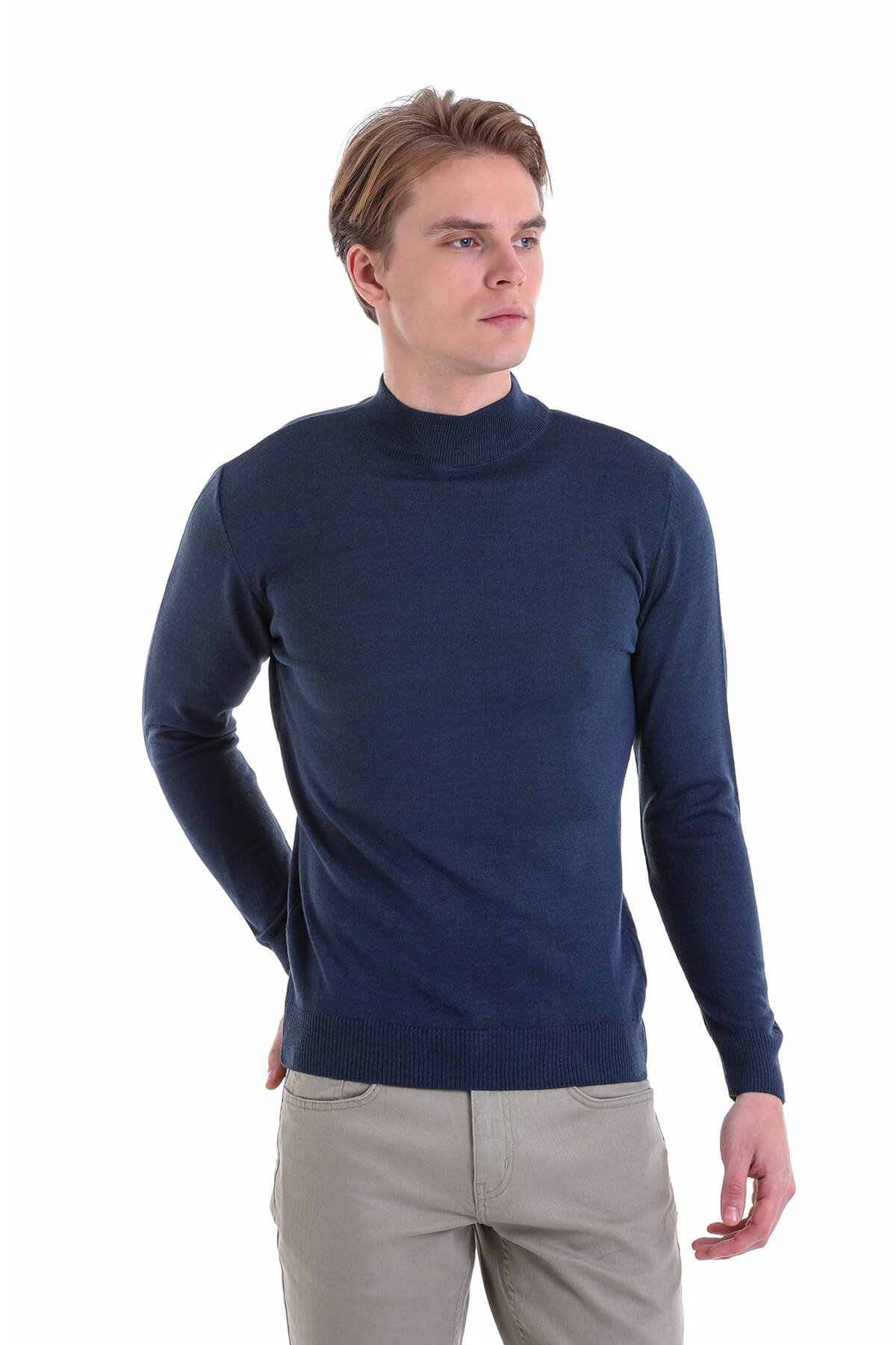 Comfort Fit Wool Blend Indigo Mock Neck Sweater - SAYKI