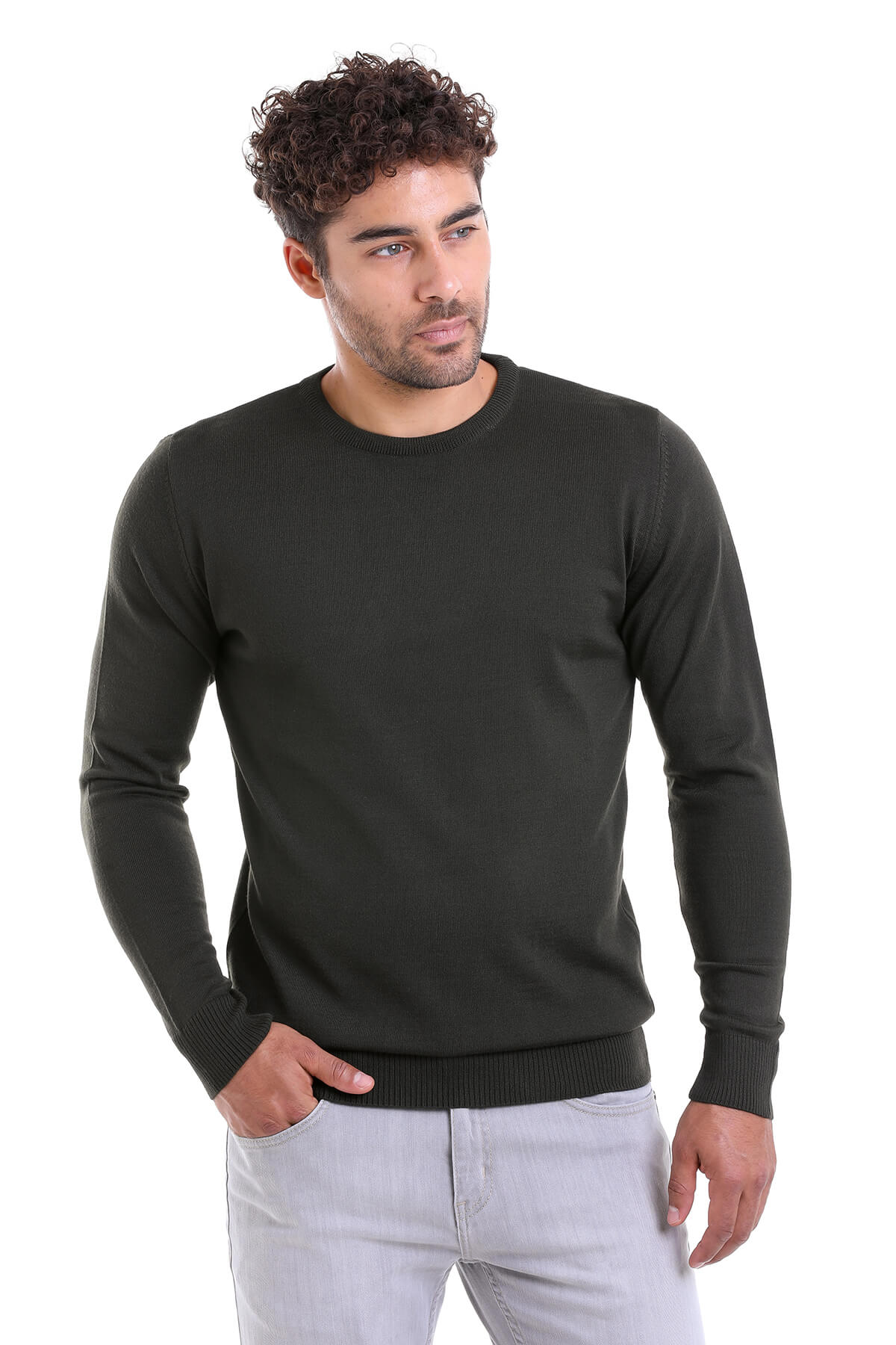 Comfort Fit Wool Blend Khaki Crewneck Sweater - SAYKI
