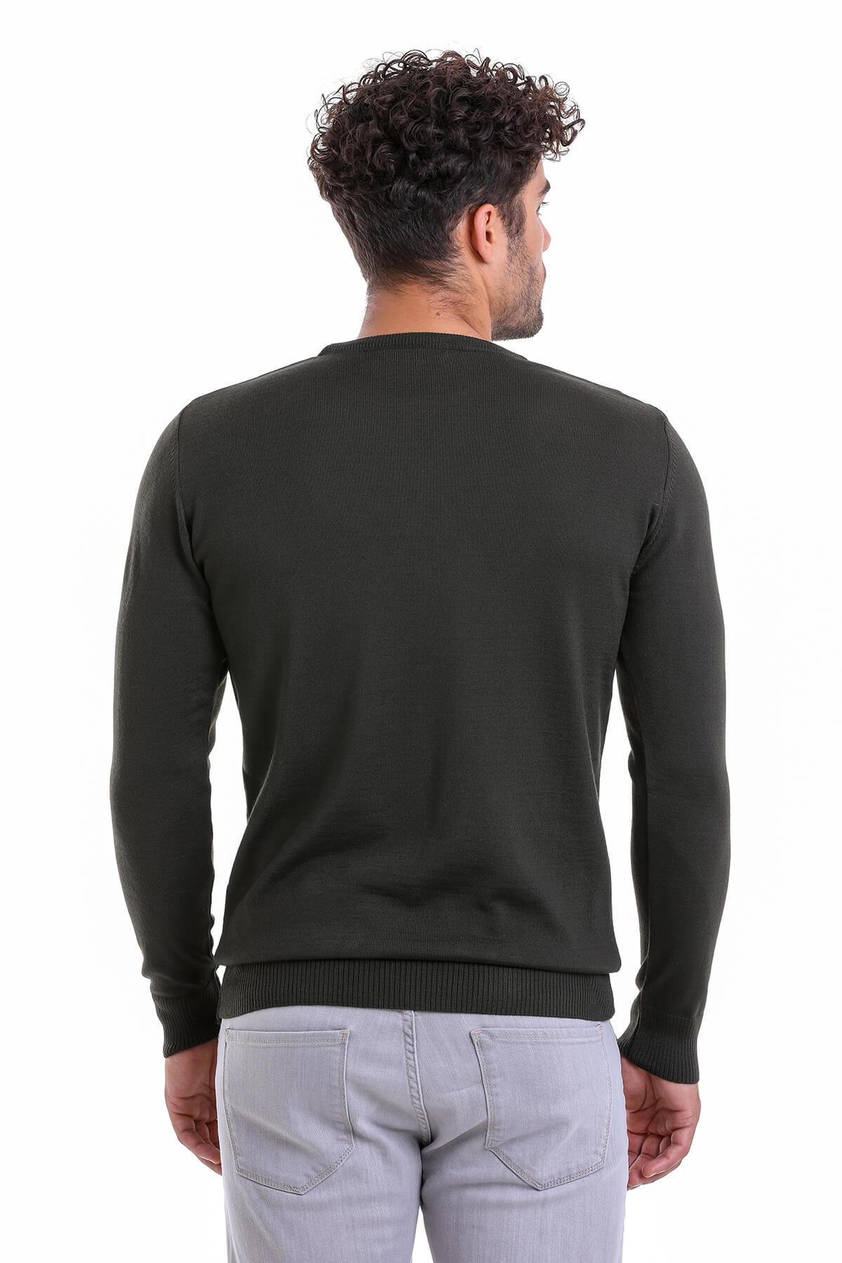 Comfort Fit Wool Blend Khaki Crewneck Sweater - SAYKI