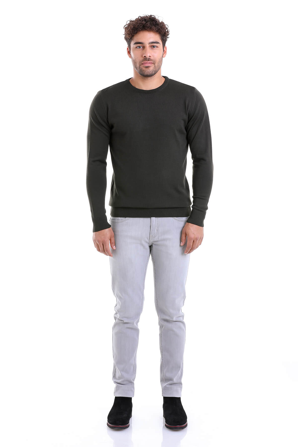Comfort Fit Wool Blend Khaki Crewneck Sweater - SAYKI
