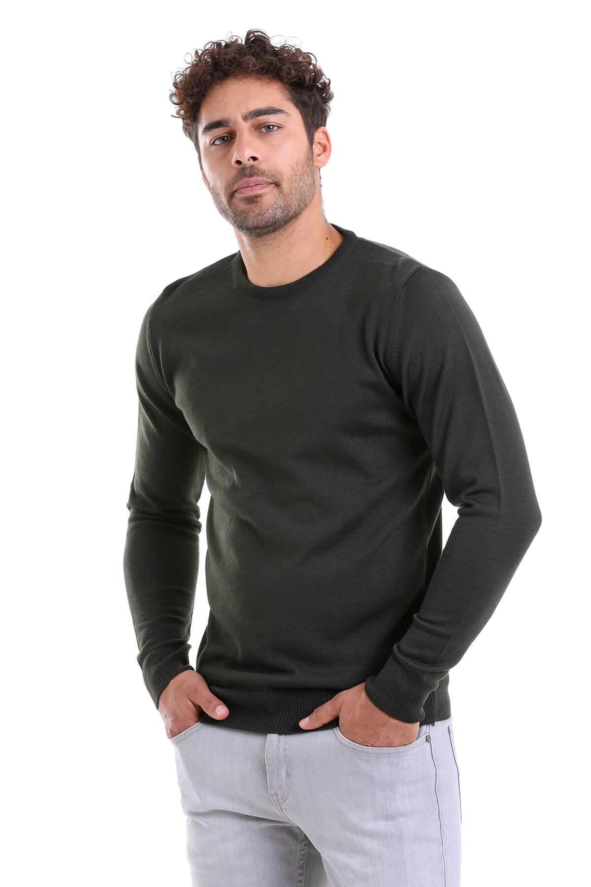 Comfort Fit Wool Blend Khaki Crewneck Sweater - SAYKI