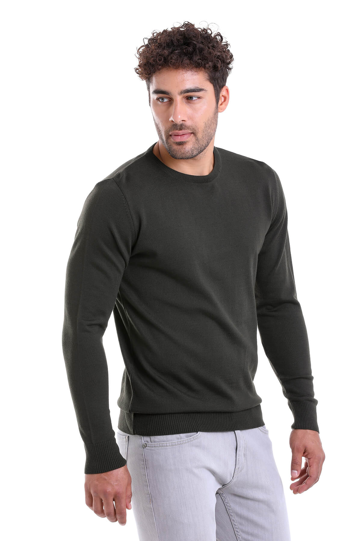 Comfort Fit Wool Blend Khaki Crewneck Sweater - SAYKI