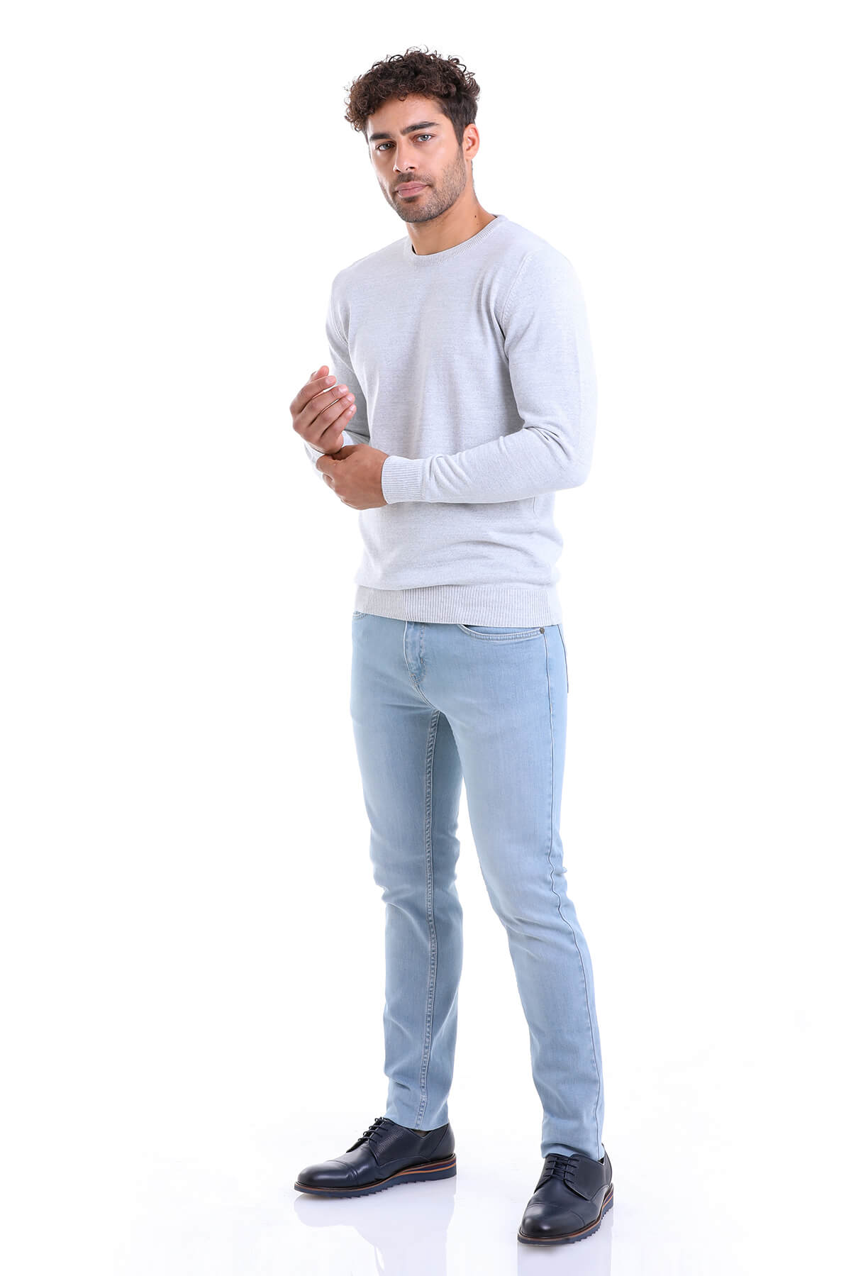 Comfort Fit Wool Blend Light Gray Crewneck Sweater - SAYKI