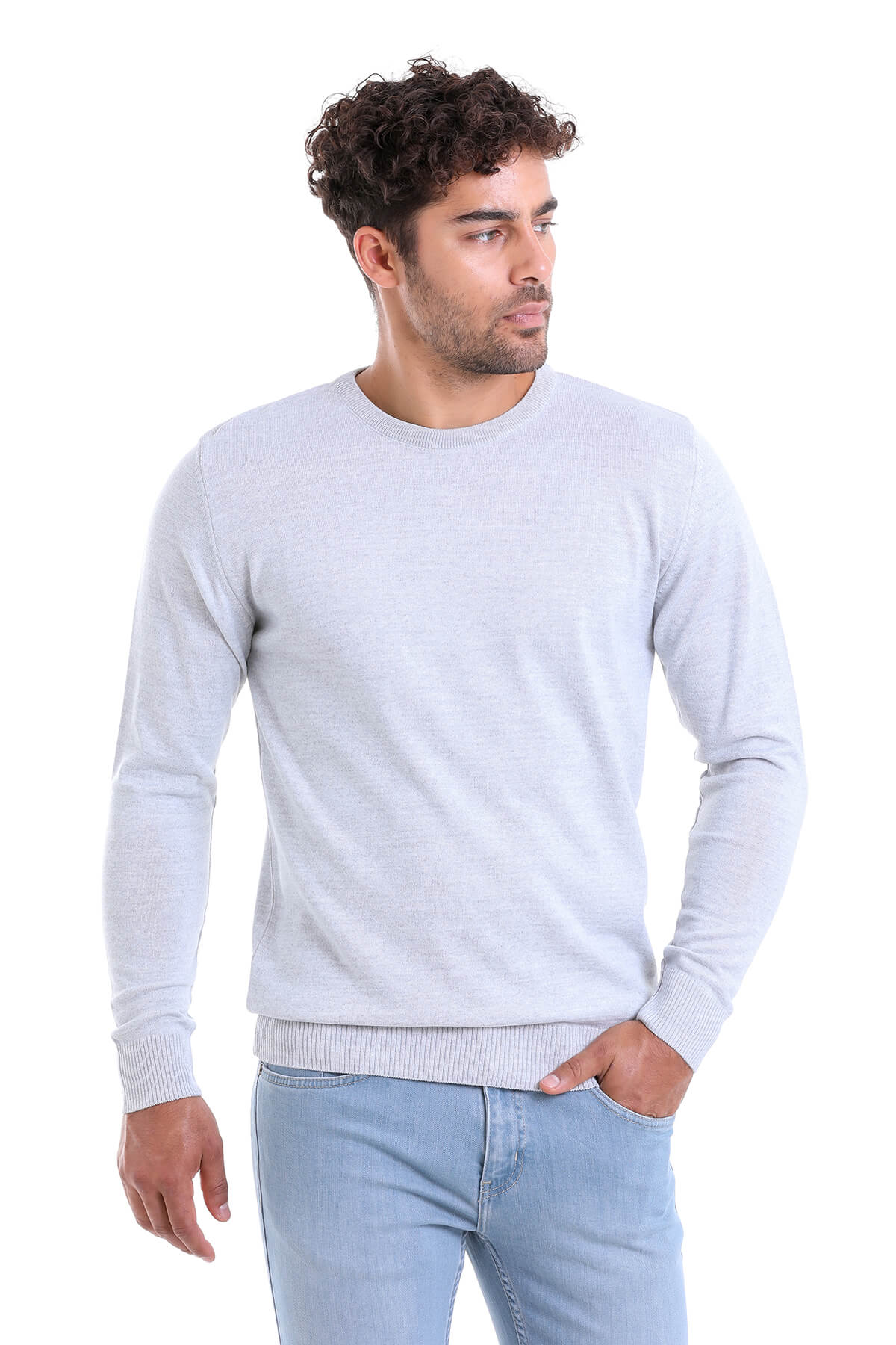 Comfort Fit Wool Blend Light Gray Crewneck Sweater - SAYKI