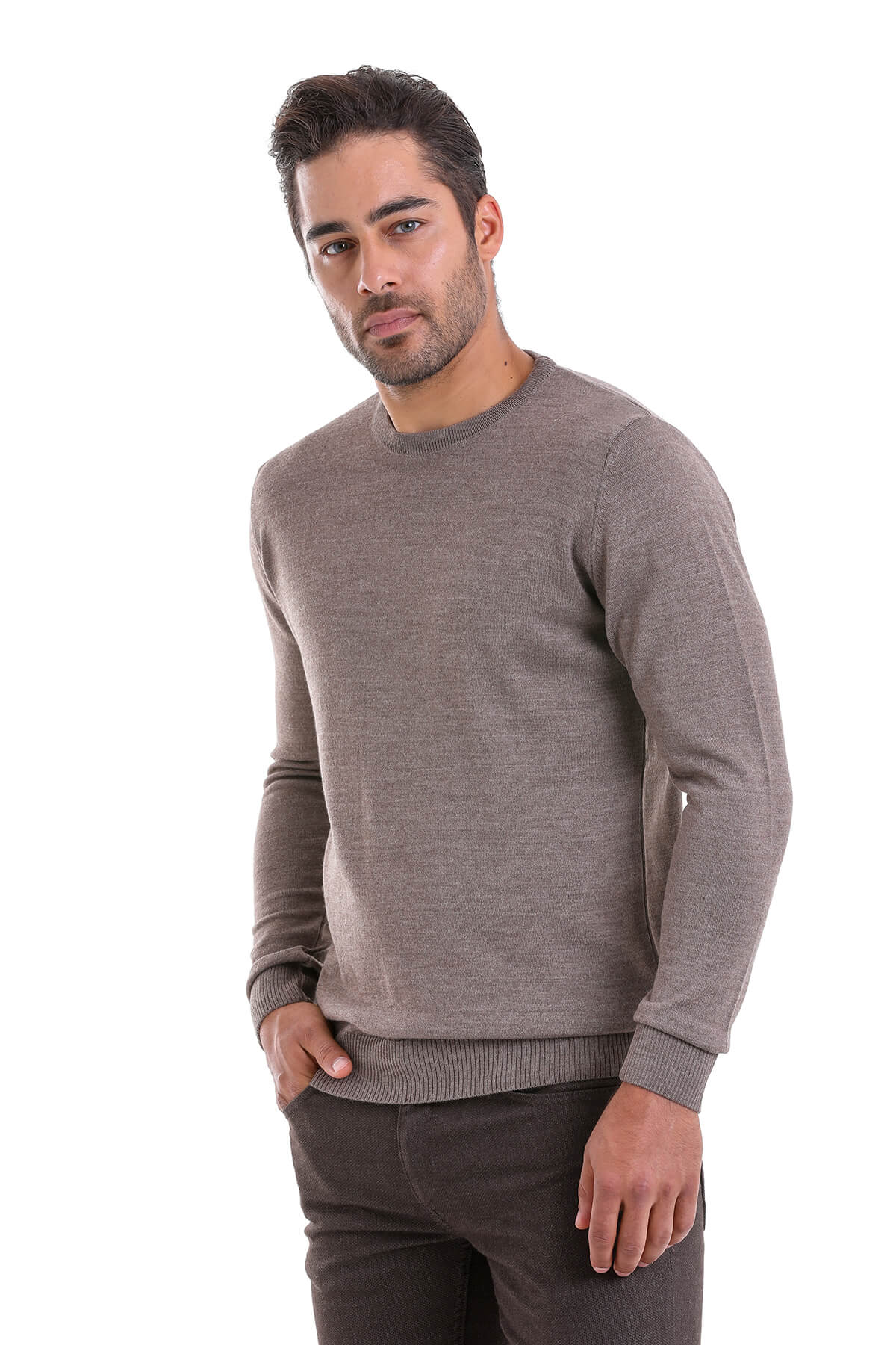 Comfort Fit Wool Blend Mink Crewneck Sweater - SAYKI