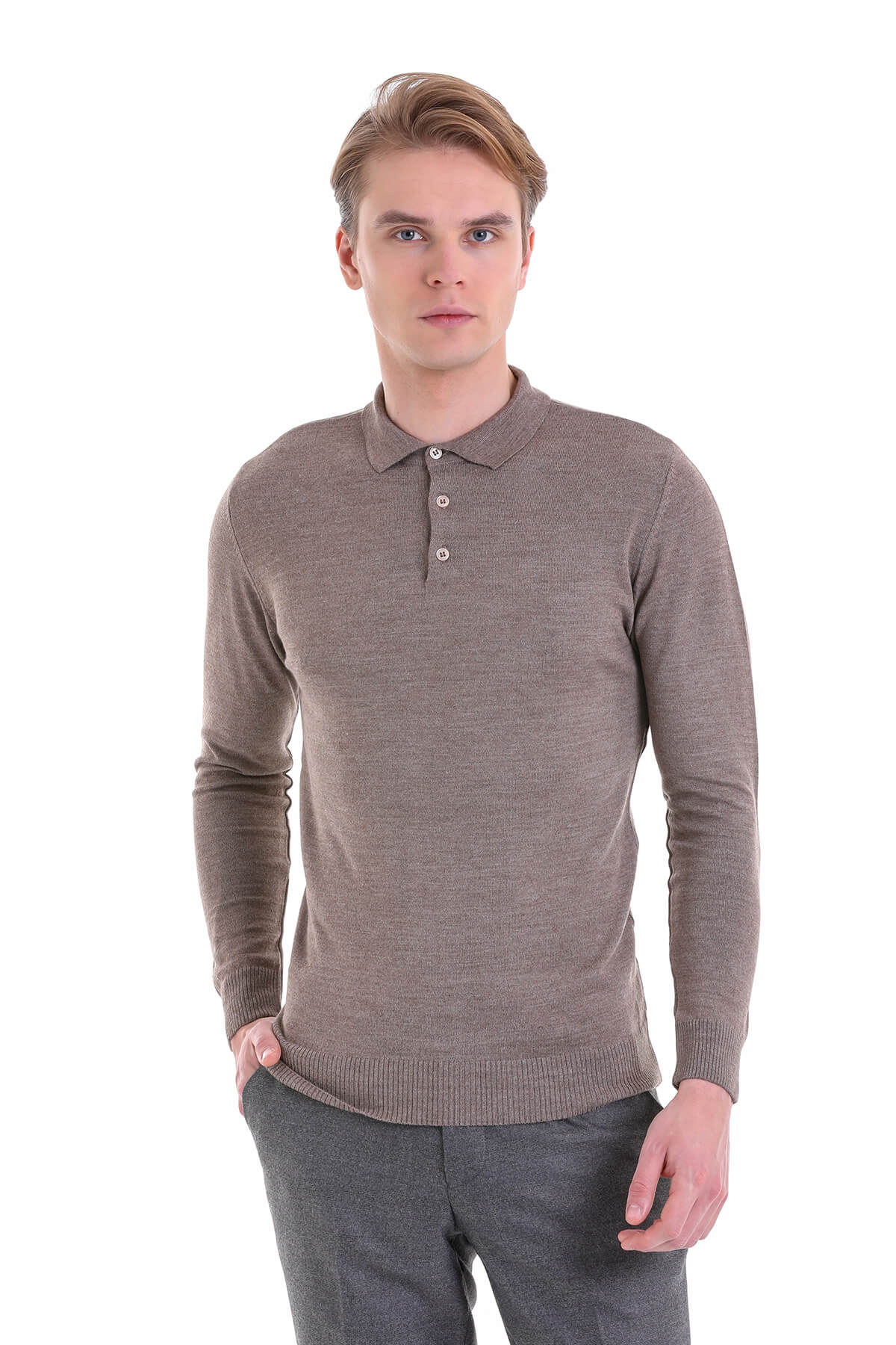 Comfort Fit Wool Blend Mink Polo Sweater - SAYKI