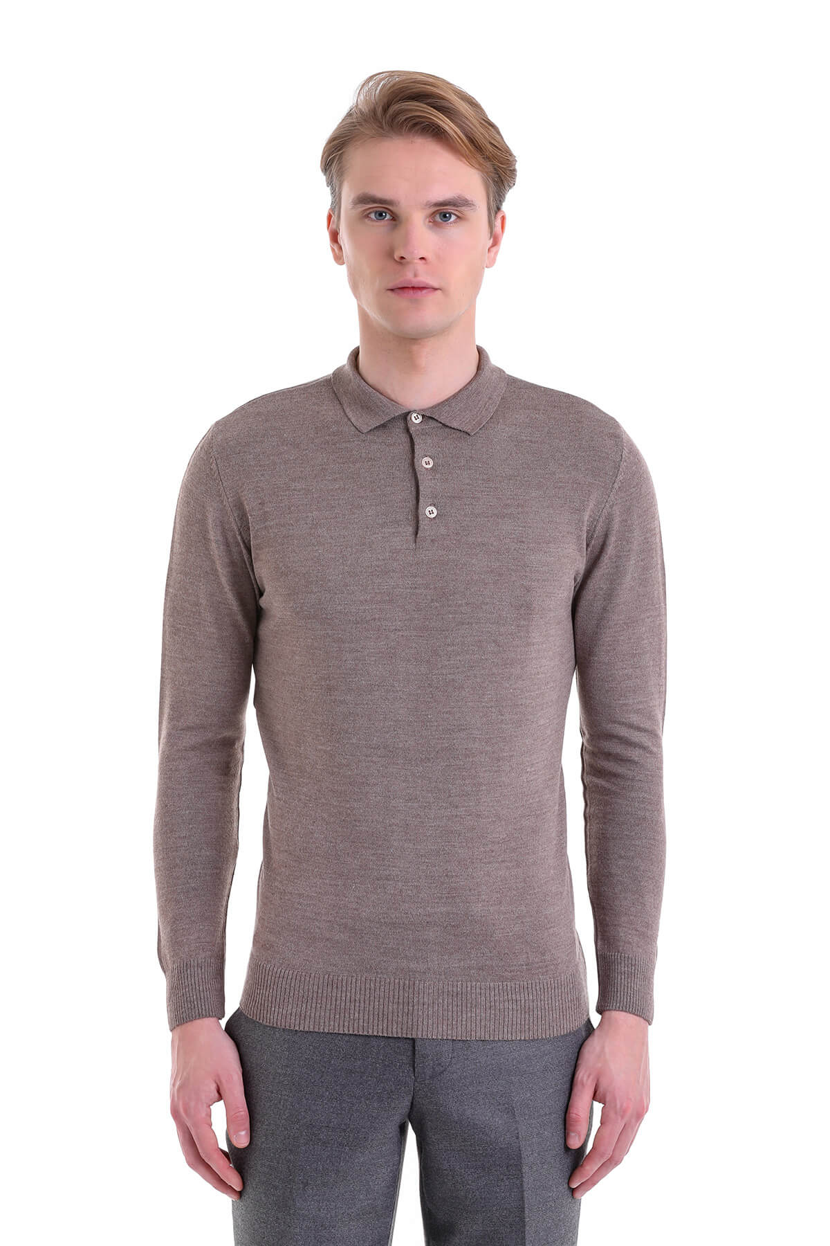 Comfort Fit Wool Blend Mink Polo Sweater - SAYKI