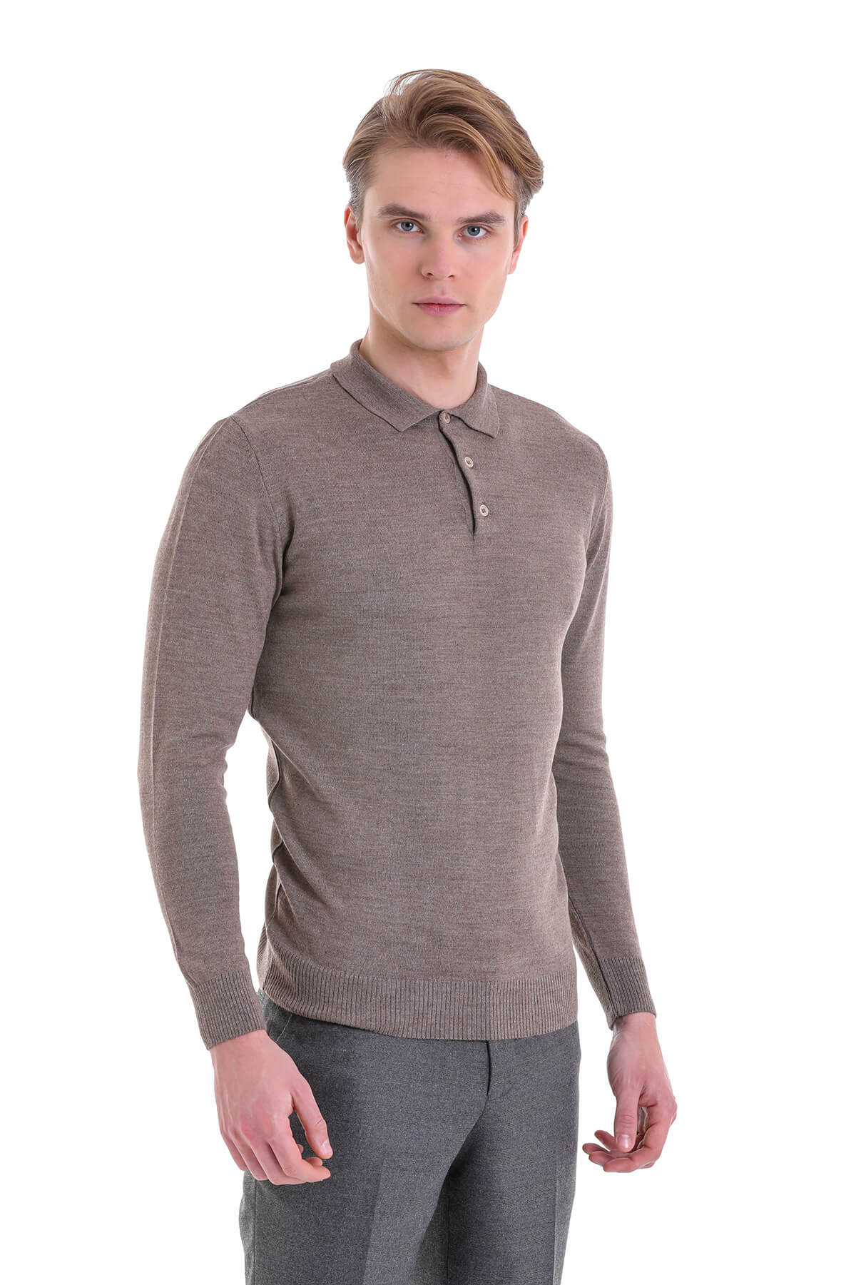 Comfort Fit Wool Blend Mink Polo Sweater - SAYKI