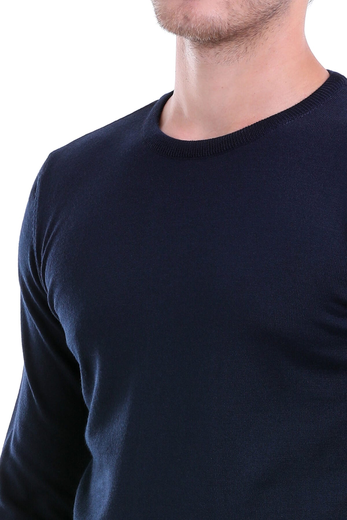 Comfort Fit Wool Blend Navy Crewneck Sweater - SAYKI